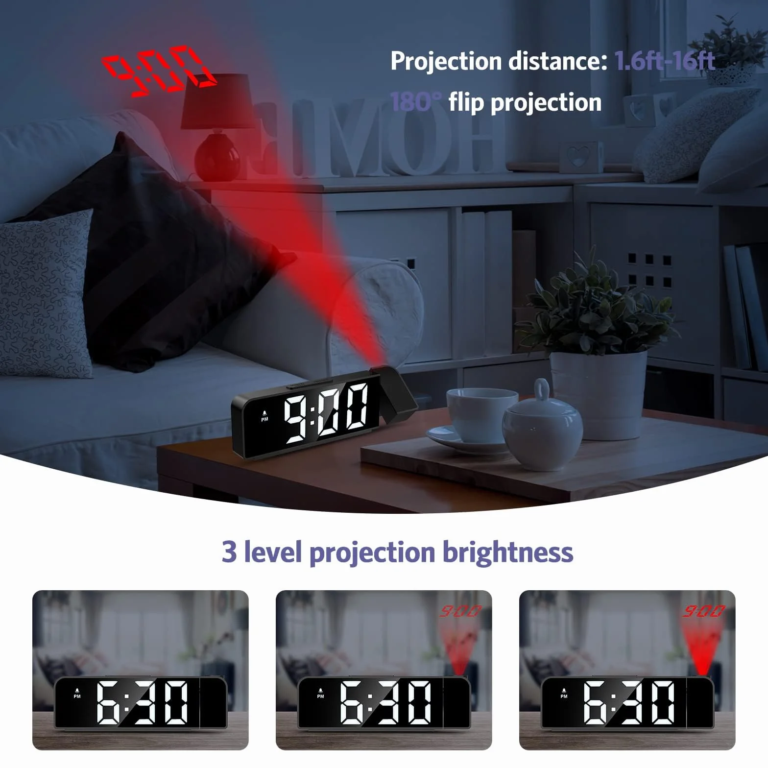 Réveil Projecteur Plafond 180° Numérique LED 7.9" 4 Luminosités Réglable Snooze Température