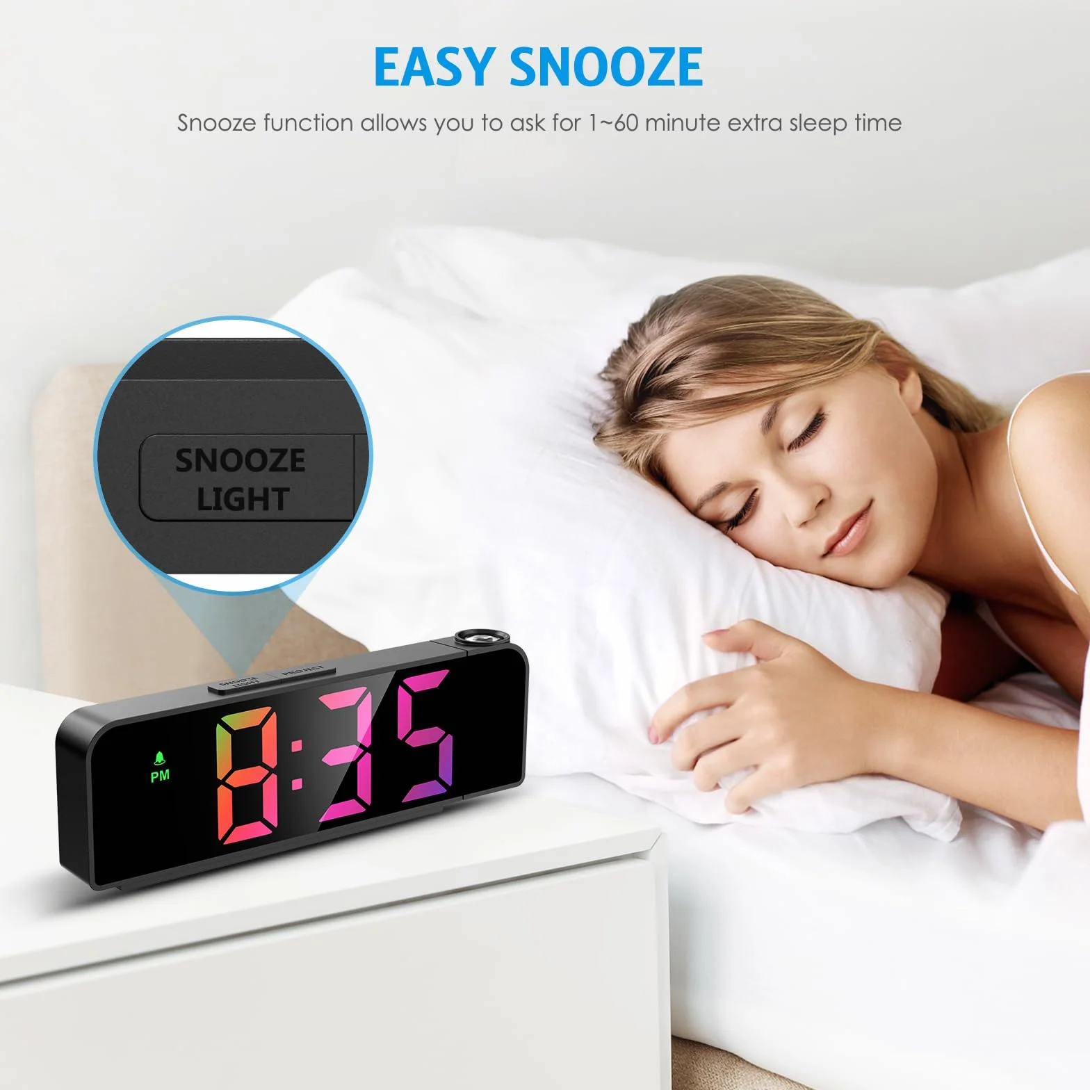 Brifit Reveil Projecteur Plafond 180° Horloge Digitale LED 7.9" 4 Luminosités Réglable Snooze Mode Nuit Température
