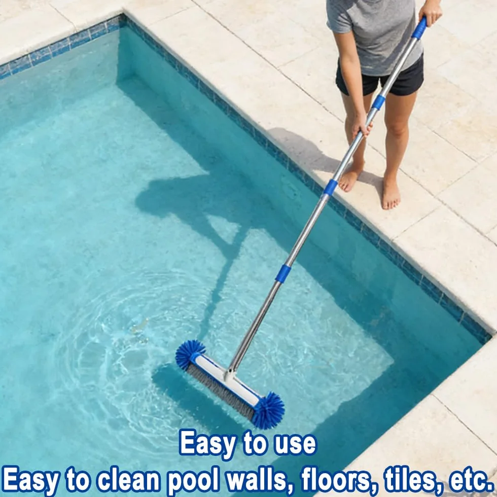 Brosse de Piscine avec Tige Télescopique 194 cm, Tête de Brosse 43 cm, Perche Amovible Acier Inoxydable