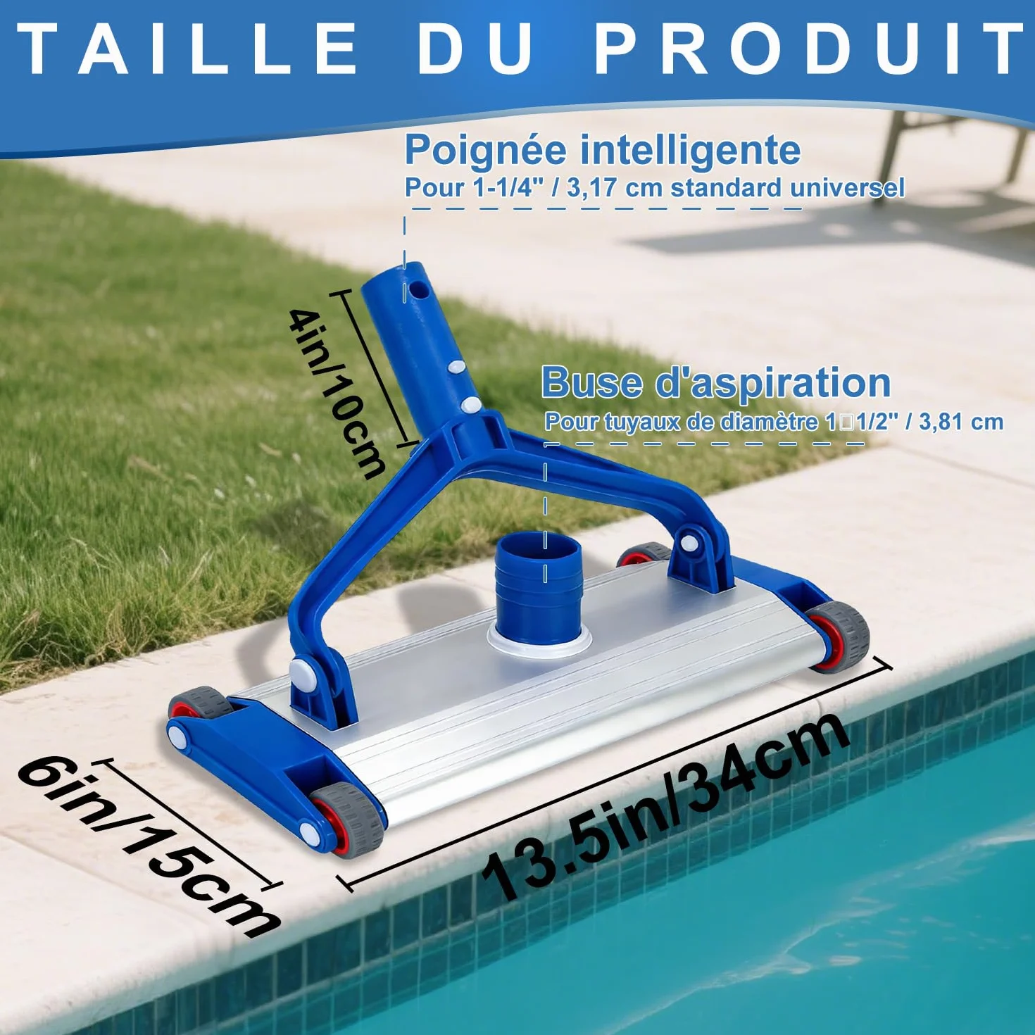 Brosse de Piscine Aluminium 34 cm avec Raccord d'Aspiration 4 Roues 2,2 kg pour Tuyau 38 mm