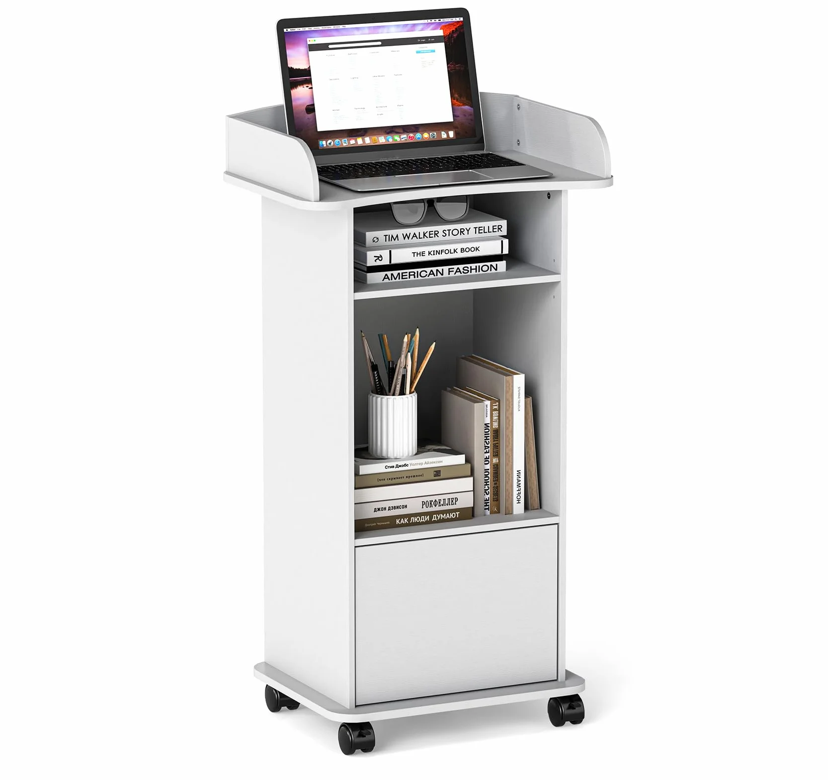 Lutrin podium portable en bois avec étagère réglable et roues verrouillables pour églises, conférence, école (blanc)