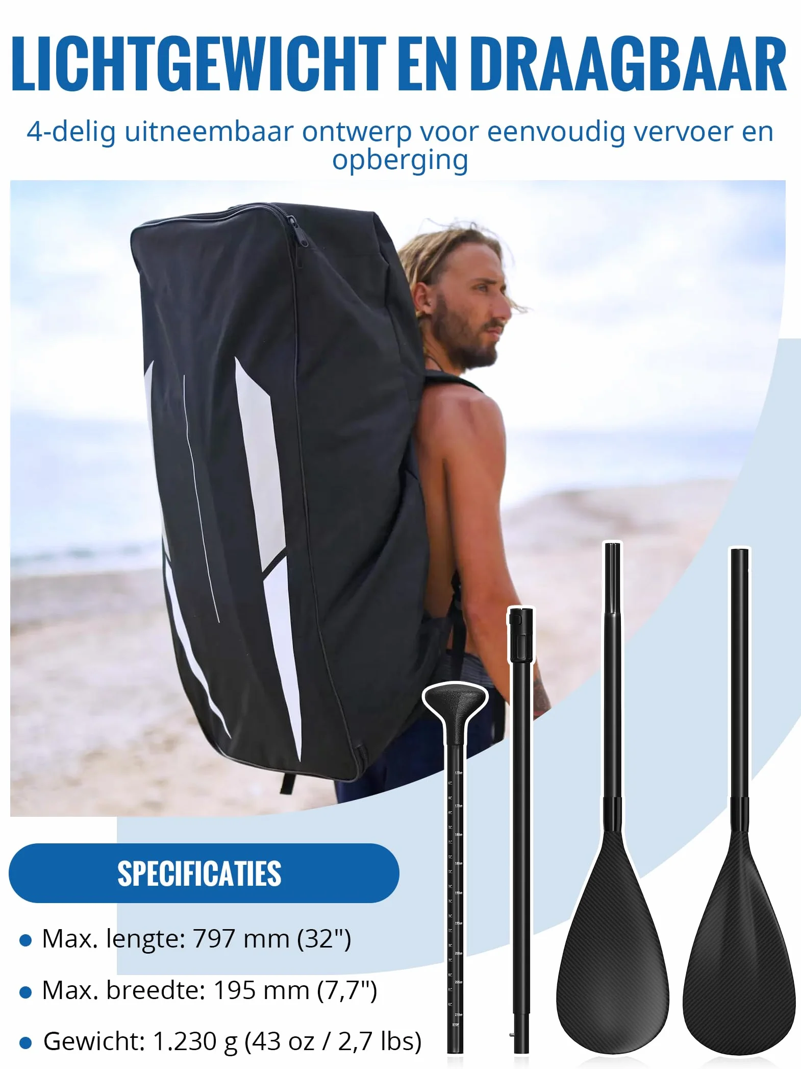 Pagaie Sup 2-en-1 [Carbone ou Aluminium], Pliable en 4 Parties et réglable, avec pales renforcées en PP, pour Kayak et Stand Up Paddle