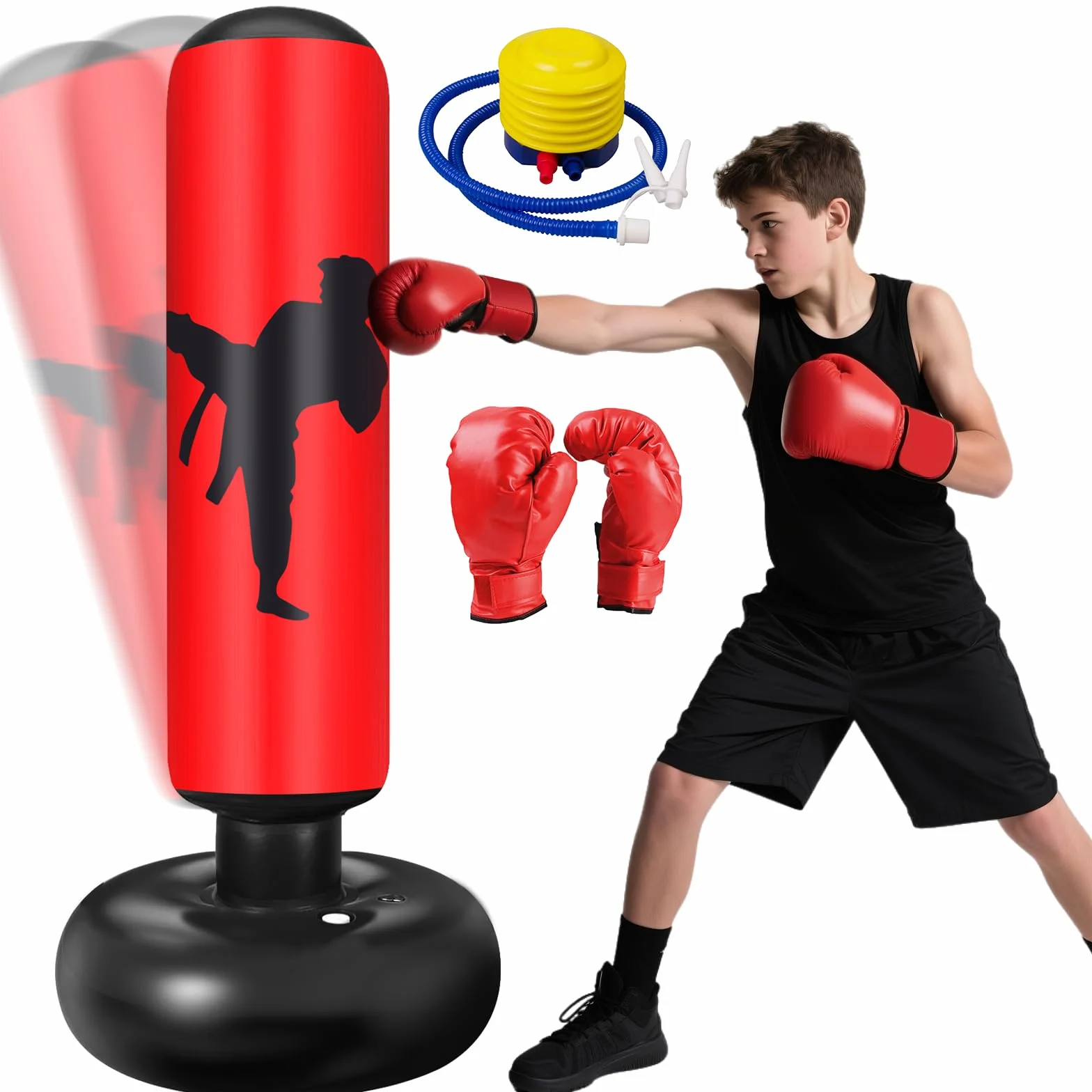 Ninonly Sac de Frappe Enfant 160cm avec Gants et Pompe Punching Ball Enfants pour Karaté Taekwondo Idéal pour Garçons et Filles de 3 à 12 Ans Punching Ball Bureau Parfait