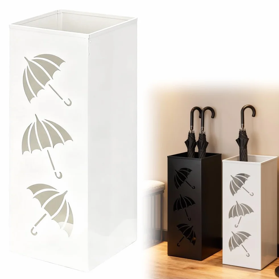 CEWROM Porte-parapluie métal carré étanche antirouille bac égouttement amovible blanc