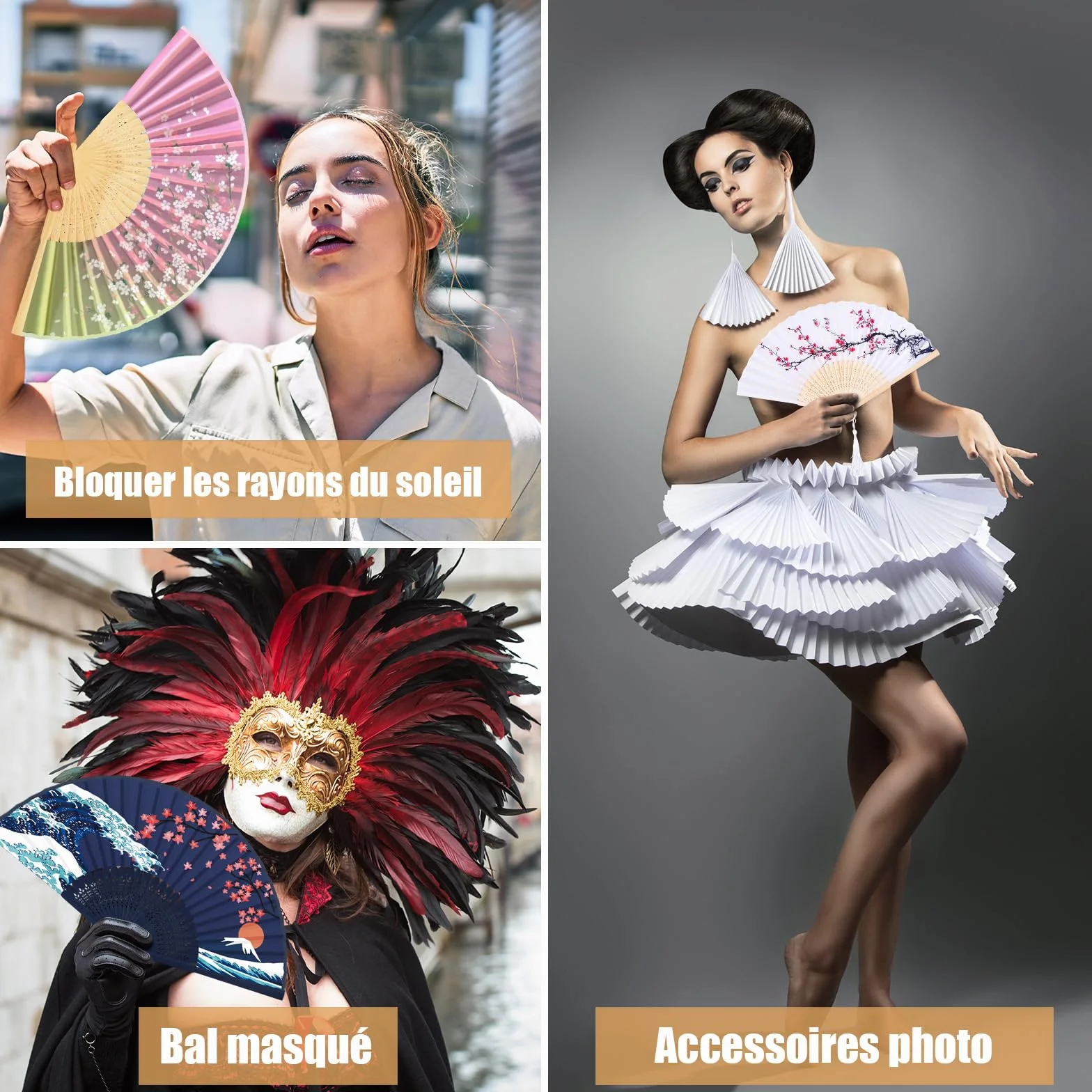 Eventail WEARXI 4 Pièces avec Frange en Soie, Bois, Éventails à Main pour Mariage Danse Fête