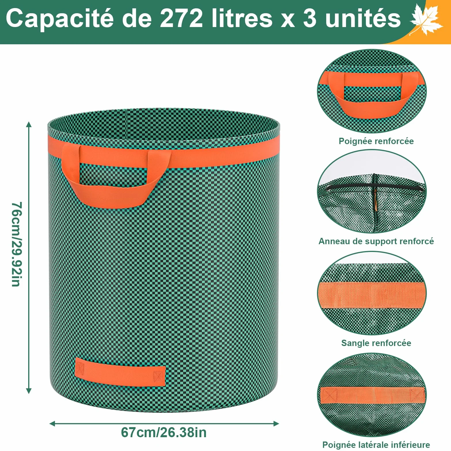 Sacs à déchets de Jardin Robustes 272L Réutilisables avec Poignées Indéchirables Pliables pour Feuilles Ordures Débris
