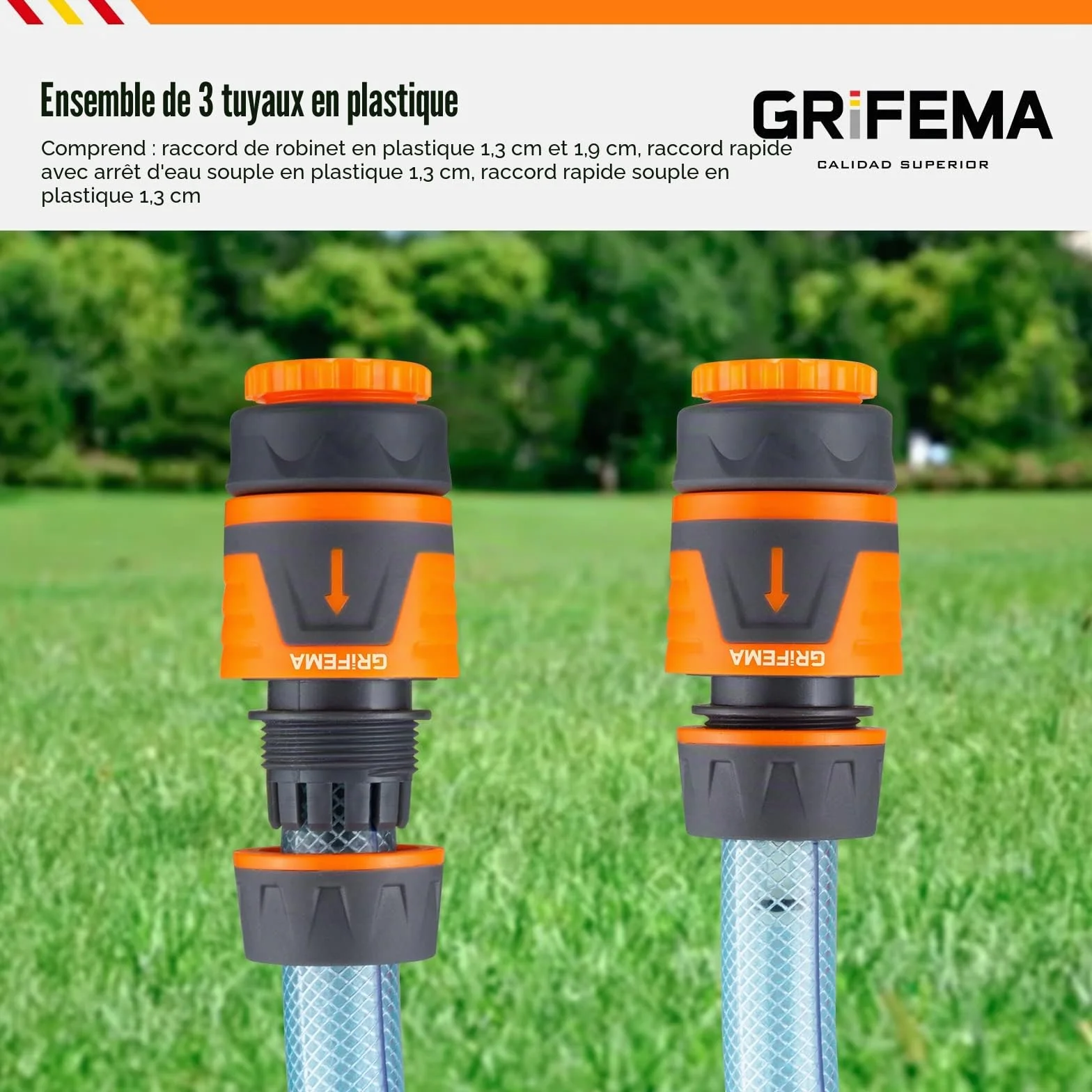 GRIFEMA GE1103 Kit de Raccordement de Robinet Jardin Connecteur Waterstop 1/2" Connexion Rapide Femelle 3/4" Gris Orange