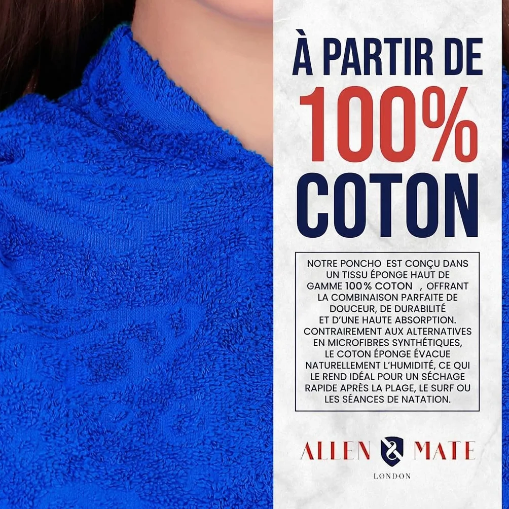 ALLEN & MATE Poncho de Surf à Capuche 100% Coton – Peignoir de Change Absorbant Plage & Piscine pour Homme et Femme