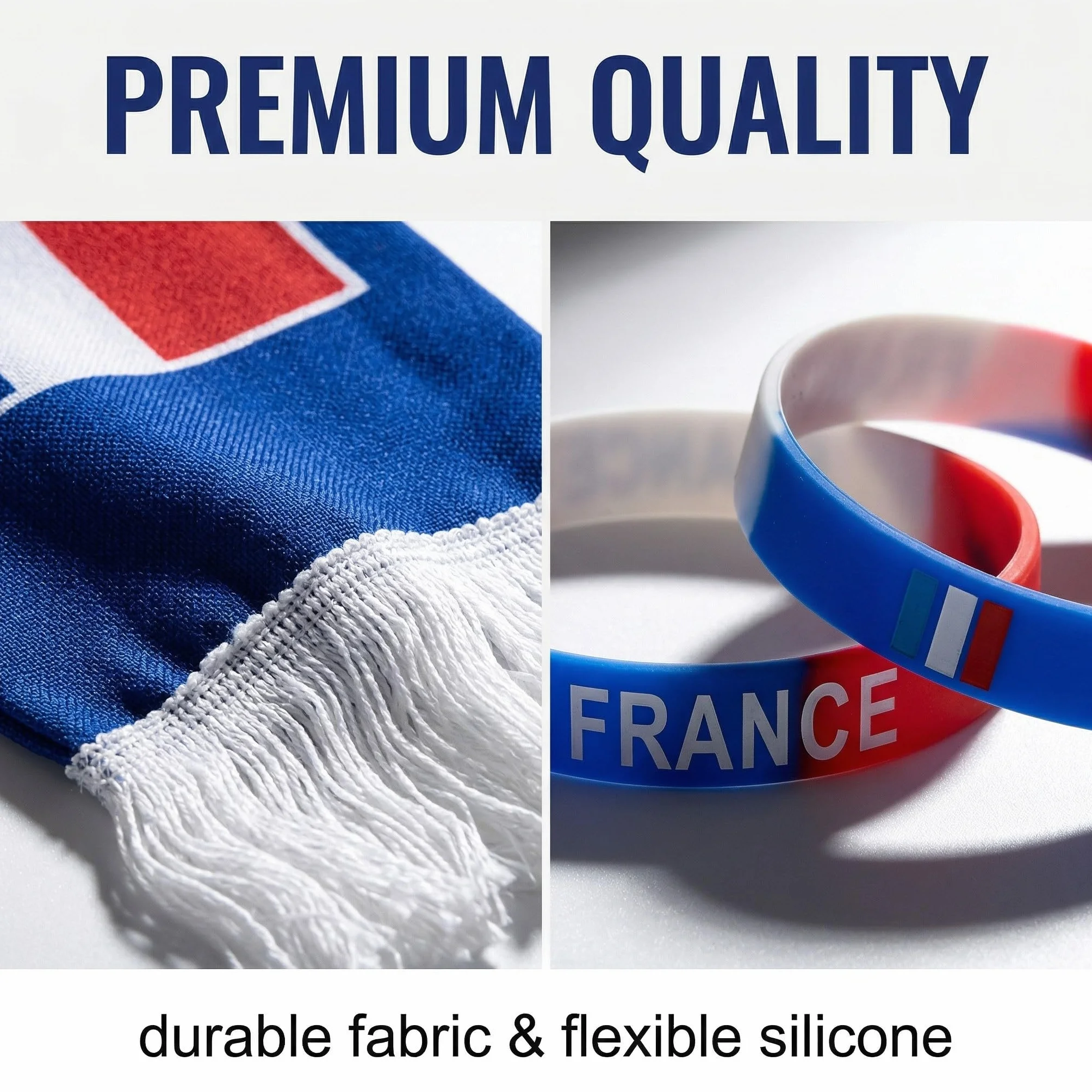 Écharpe de Supporter avec 2 Bracelets en Silicone, Kit Accessoire Bleu Blanc Rouge pour Match de Football et Rugby, Idée Cadeau pour Supporters Homme et Enfant