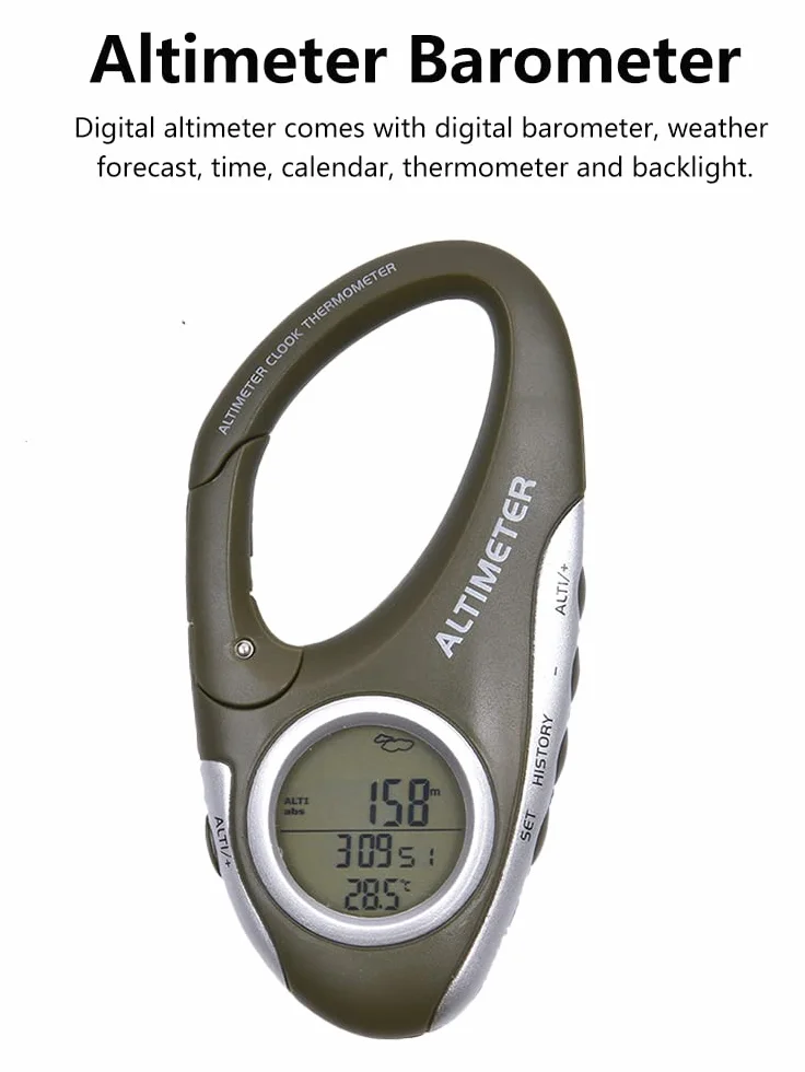 Altimètre pour la randonnée | Altimètre Multifonctionnel Portable avec thermomètre - randonnée Mousqueton Altimètre pour Femme Homme Explorateurs Randonneurs