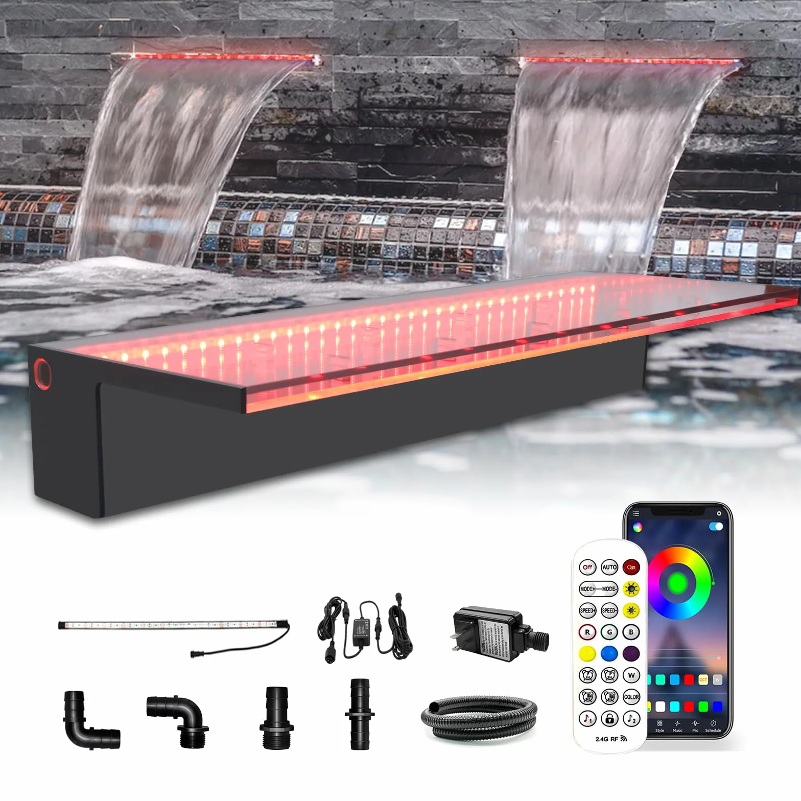 LONGRUN Bluetooth Acryl Pool Fountain 60cm Pond Waterfall Cascade 7 Colors LED Light Waterfall Stream Kits Outdoor