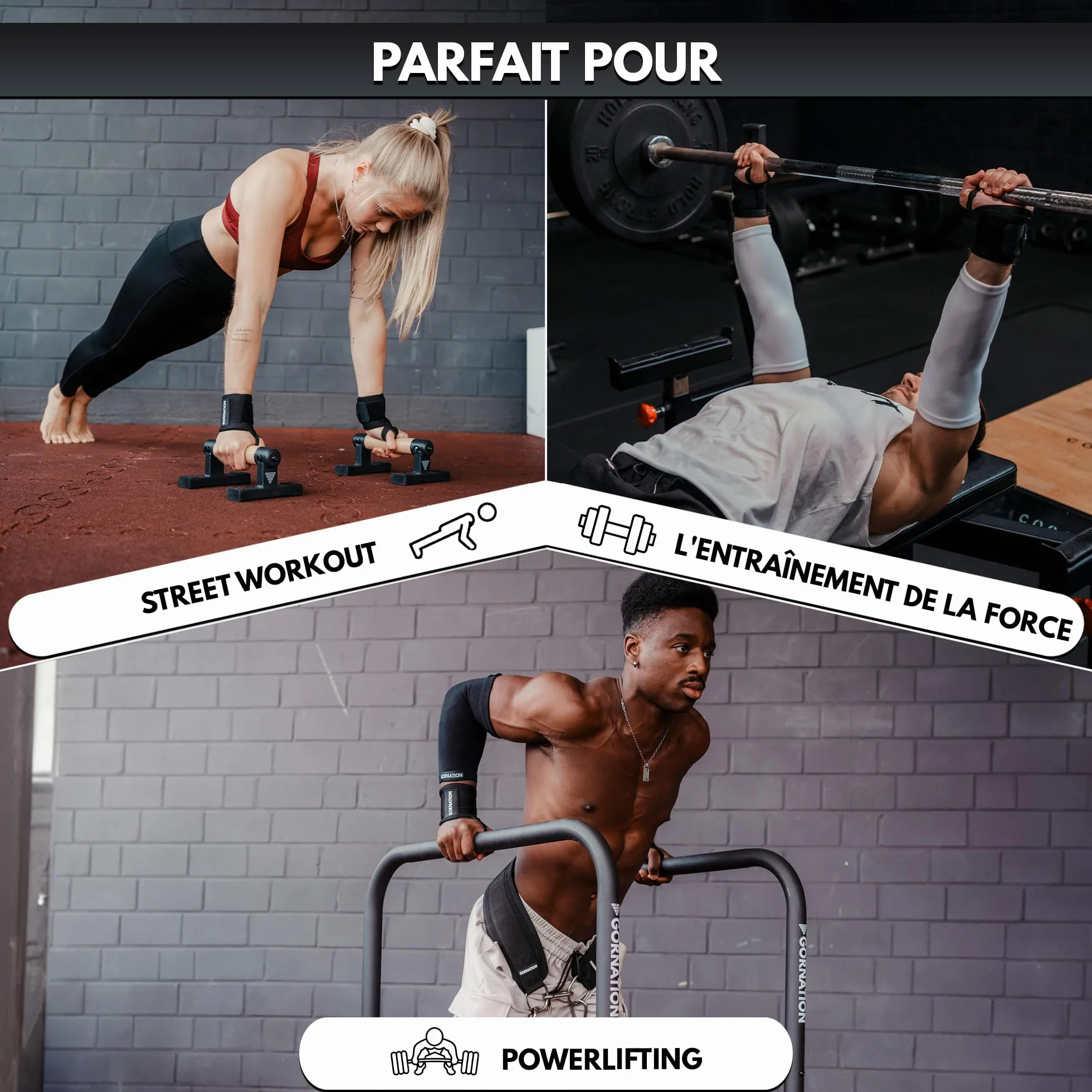 GORNATION Protège-Poignets, Bande Poignet Musculation, Power Wrist Wraps pour Musculation, Crossfitness, Gym, Street Workout et Sports de Force, Bandes de Poignet - 1 Paire, Noir