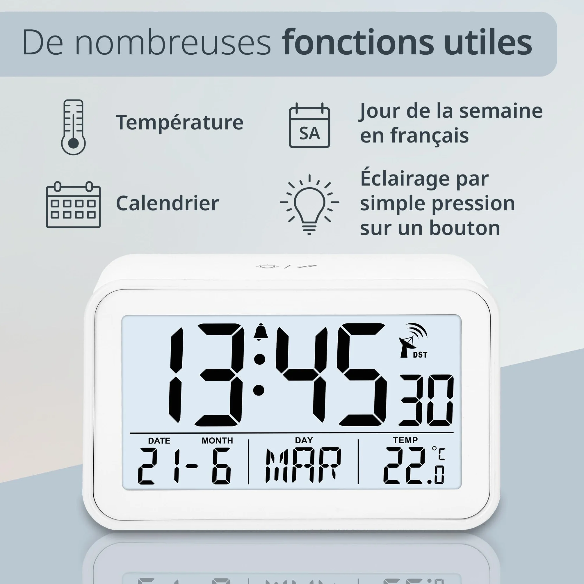 ADE Reveil Matin Radio pilotée Horloge numérique Voyage Affichage température Date Blanc Mat avec Pile
