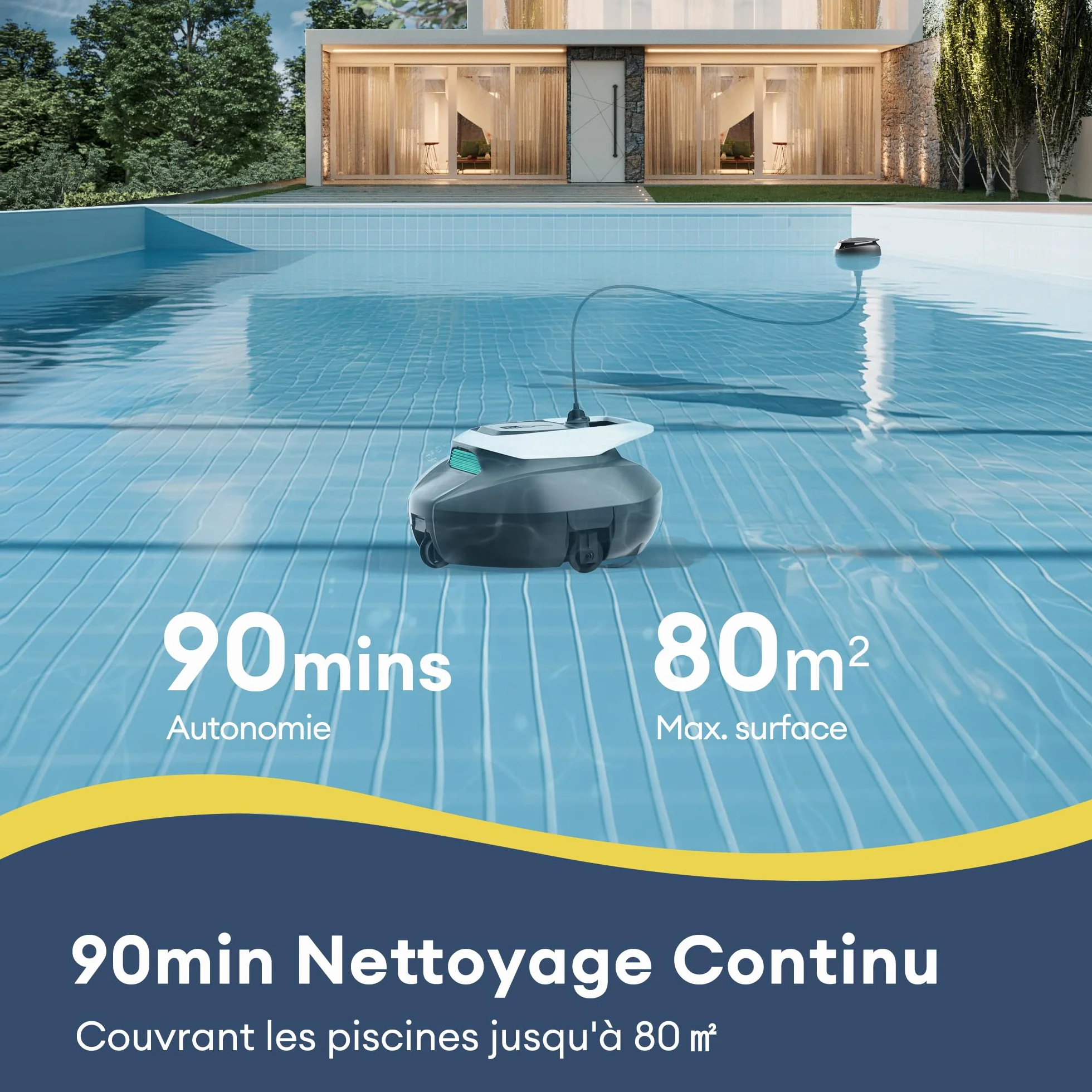 Ultenic Pooleco 10s Robot Piscine 80㎡ APP Contrôle Autonome 90min Nettoyage Fond Piscine Haute Aspiration