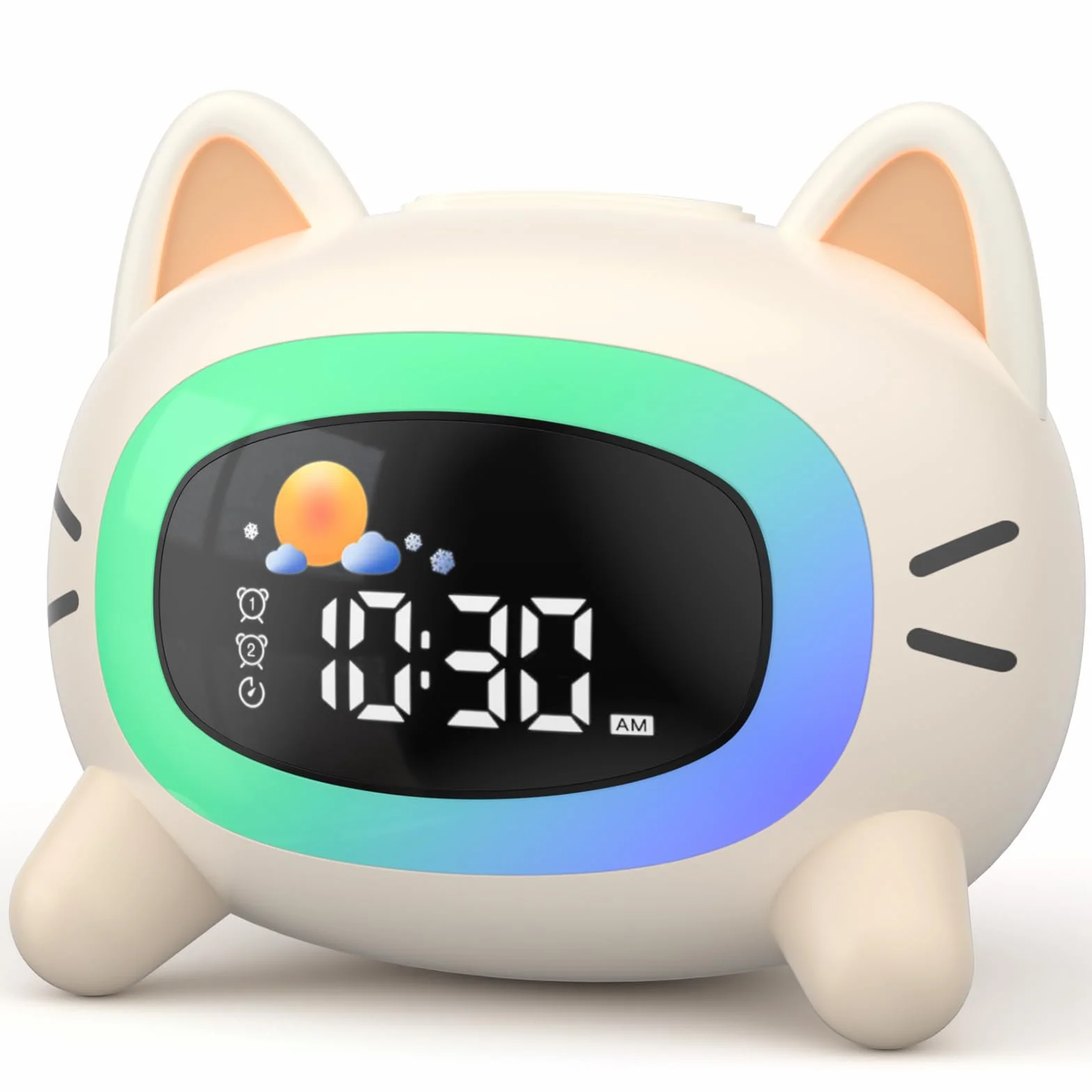 LIORQUE Réveil Enfant Éducatif Jour/Nuit avec Veilleuse, Machine Sonore, Deux Alarmes, Mode Week-End, Rechargeable Chat
