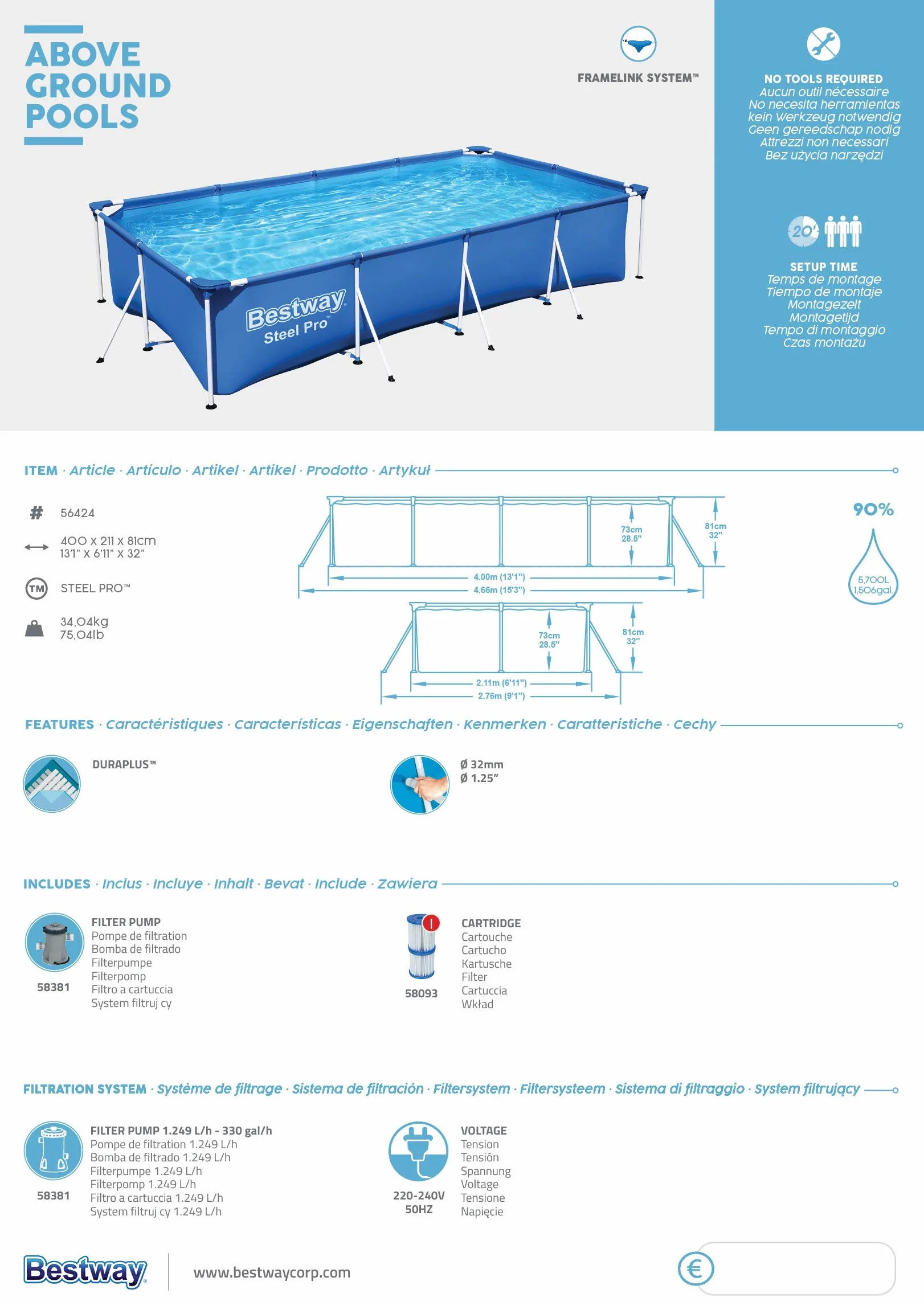 Bestway Steel Pro Piscine rectangulaire enfant cadre acier pompe filtrante 400 x 211 x 81 cm Bleu