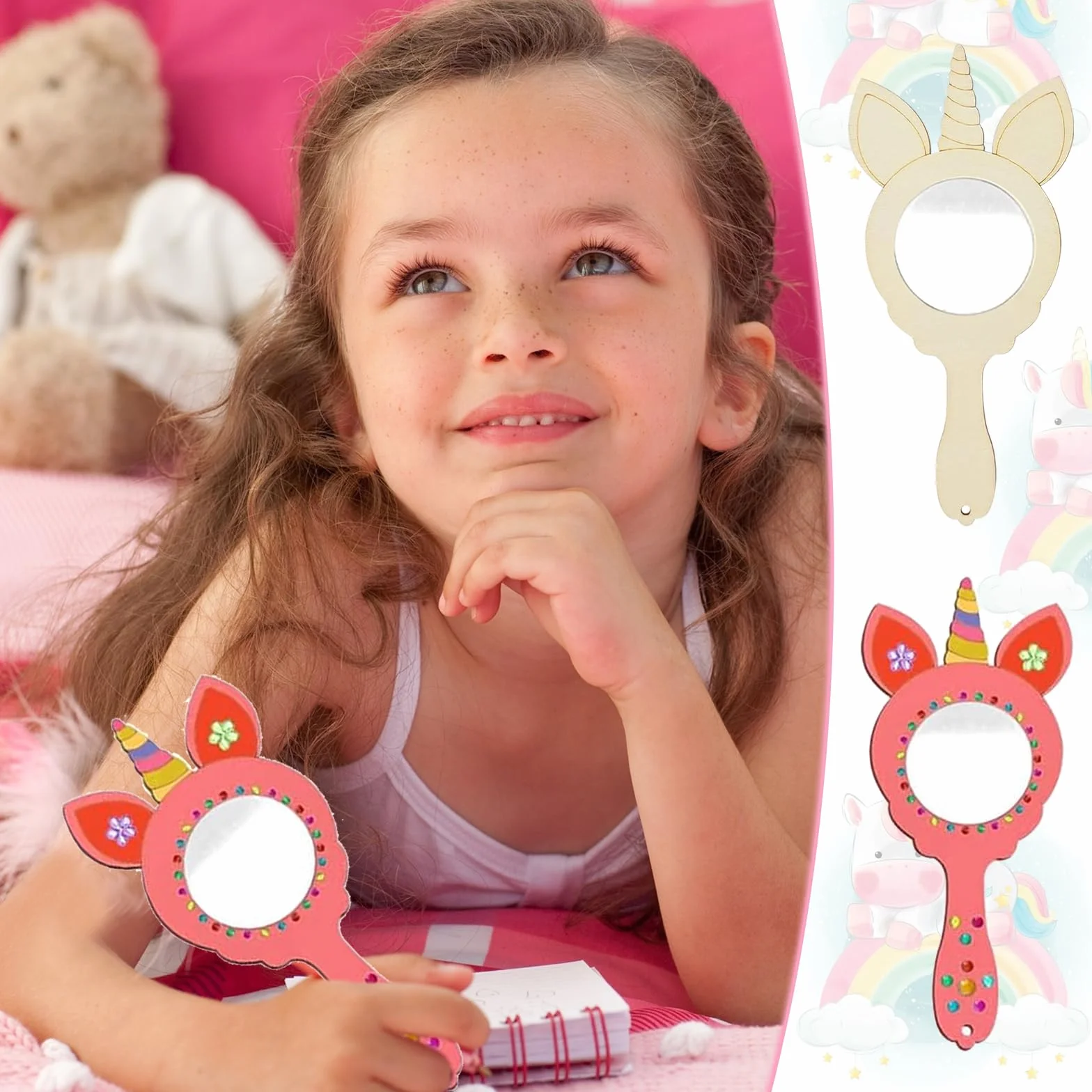 Bricolage Miroir Couronne Princesse en Bois 12 Pièces DIY Miroirs à Colorer avec Pinceaux