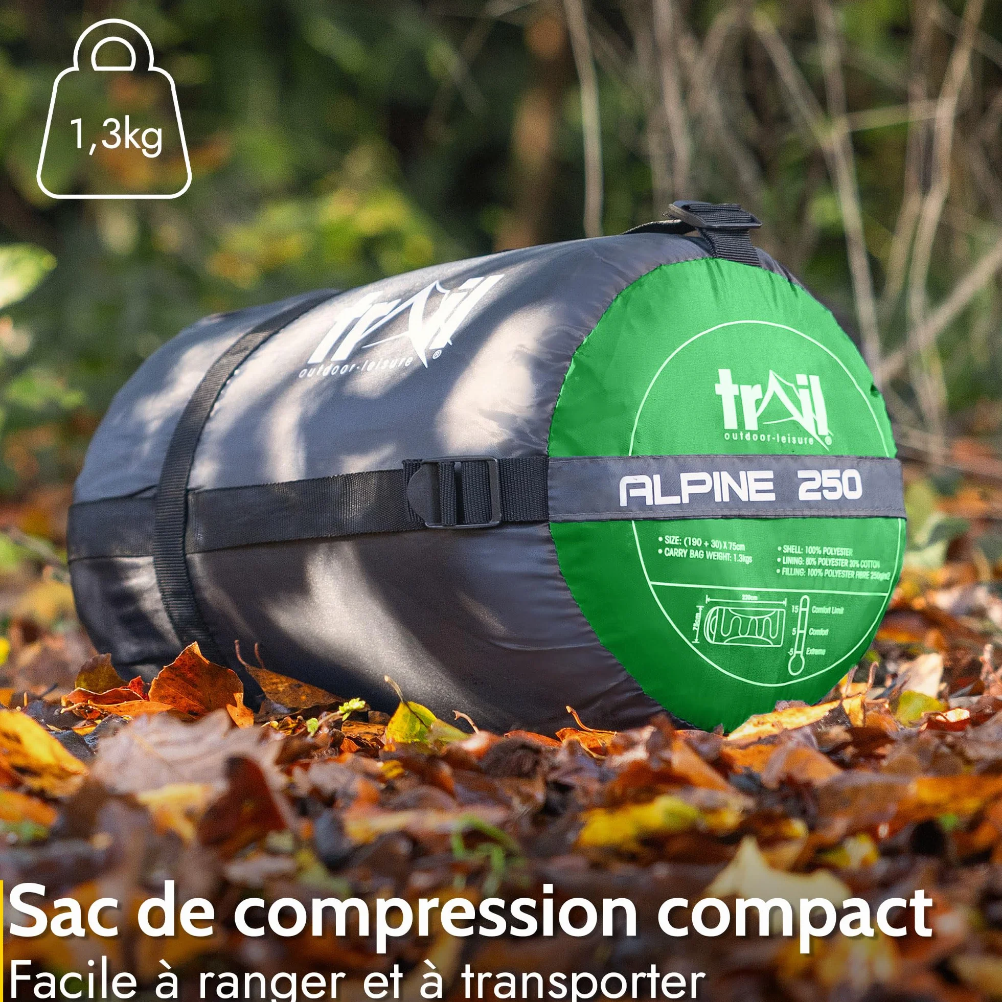 Trail Sac de Couchage Alpine avec Capuche de 250 g (3 Saisons) – Sac de Couchage Adulte Léger avec Capuche et Sac de Rangement