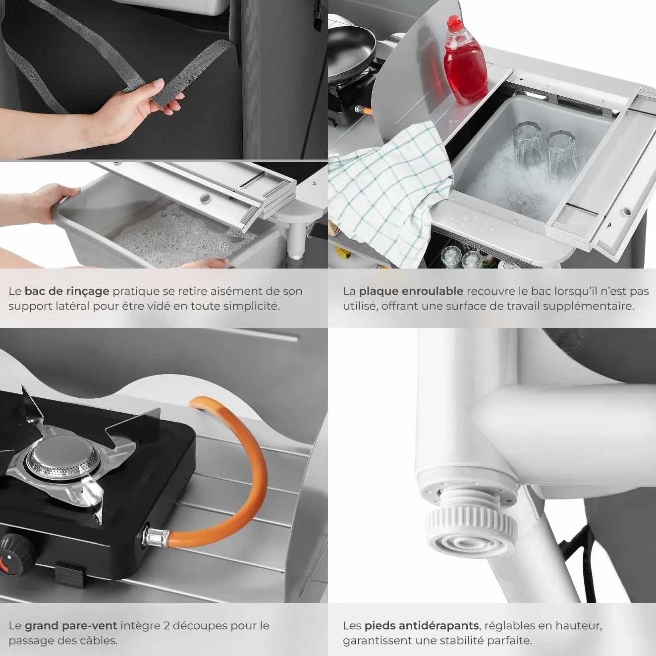 tectake® Meuble de Rangement Cuisine de Camping Pliable en Aluminium, avec Étagères, Plan de Travail, Pieds réglables, Sac de Transport Inclus, Stockage pour Vaisselle, Accessoires Cuisine, Aliments