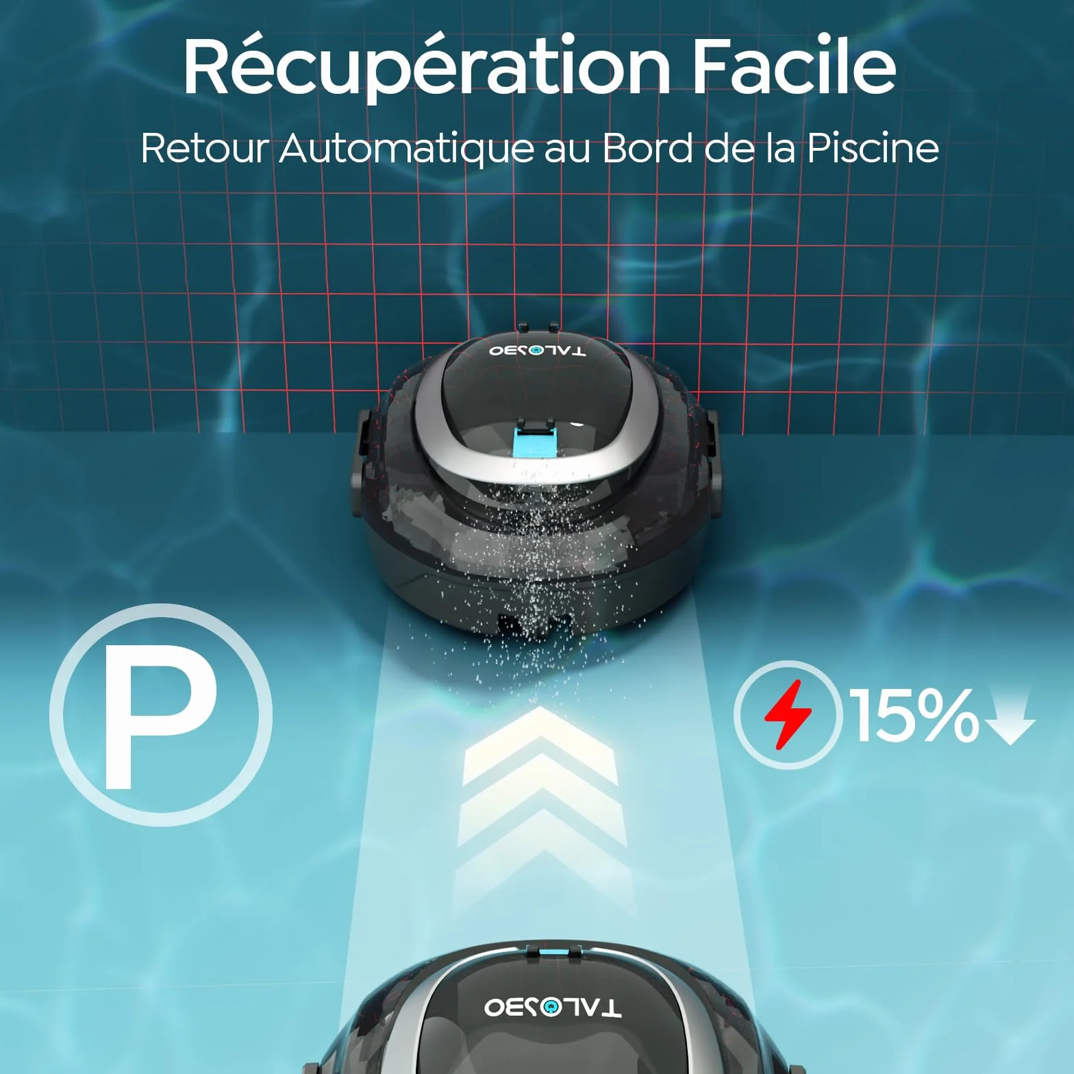 Robot Piscine Double Filtration Nettoyeur Aspirateur sans Fil Autonomie 90 Min 1928GPH Stationnement Automatique 80 m²