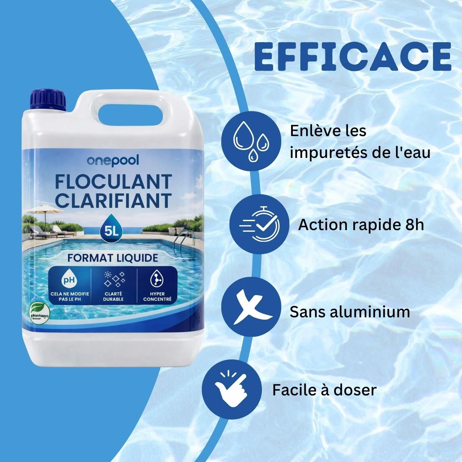 Onepool Floculant Piscine 5L Concentré Clarifiant Eau Trouble sans Métaux Lourds Compatible Tous Filtres