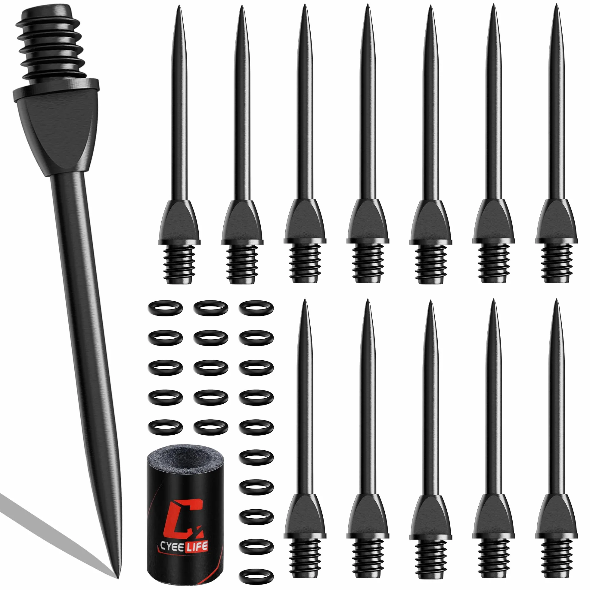 CyeeLife Lot de 12 pointes en acier 2BA pour fléchettes + 20 anneaux en caoutchouc + 1 pointe pour fléchettes, pointes métalliques pour fléchettes pour transformer les fléchettes souples, pointes en