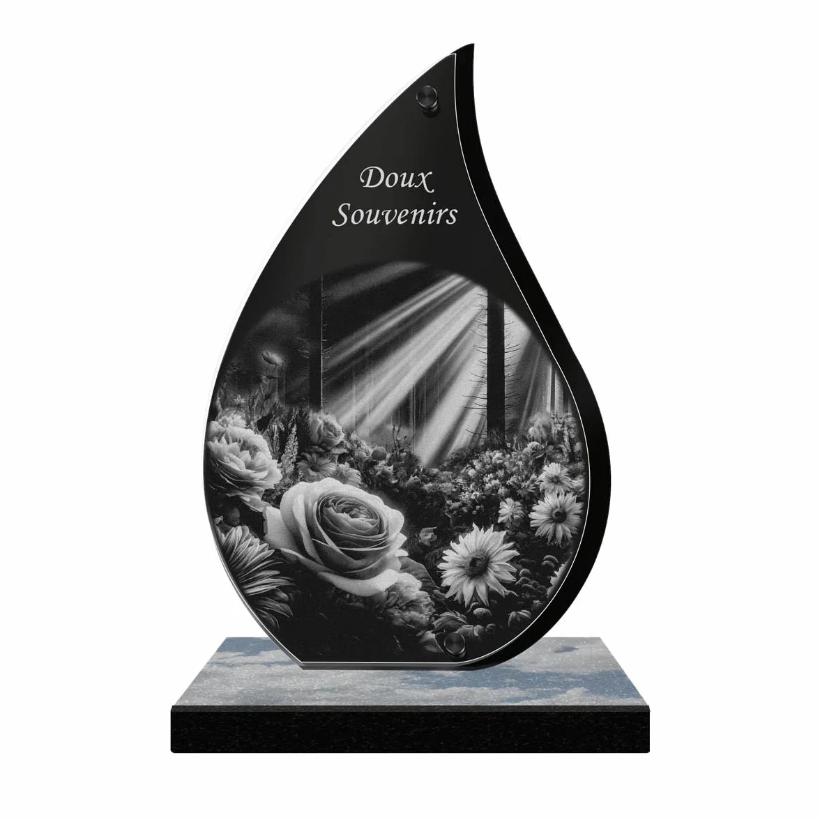 Plaque Funéraire Personnalisée Lueur ETERNEL - Fleurs Rose Pivoine Gravée au Laser pour Hommage Tombale