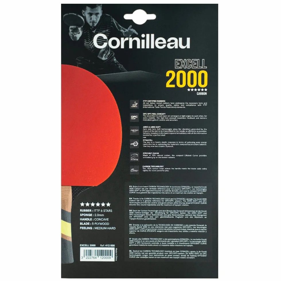 CORNILLEAU Excell 2000 Carbon Raquette de ping-pong d'intérieur Off/Off+ ITTF 6 étoiles