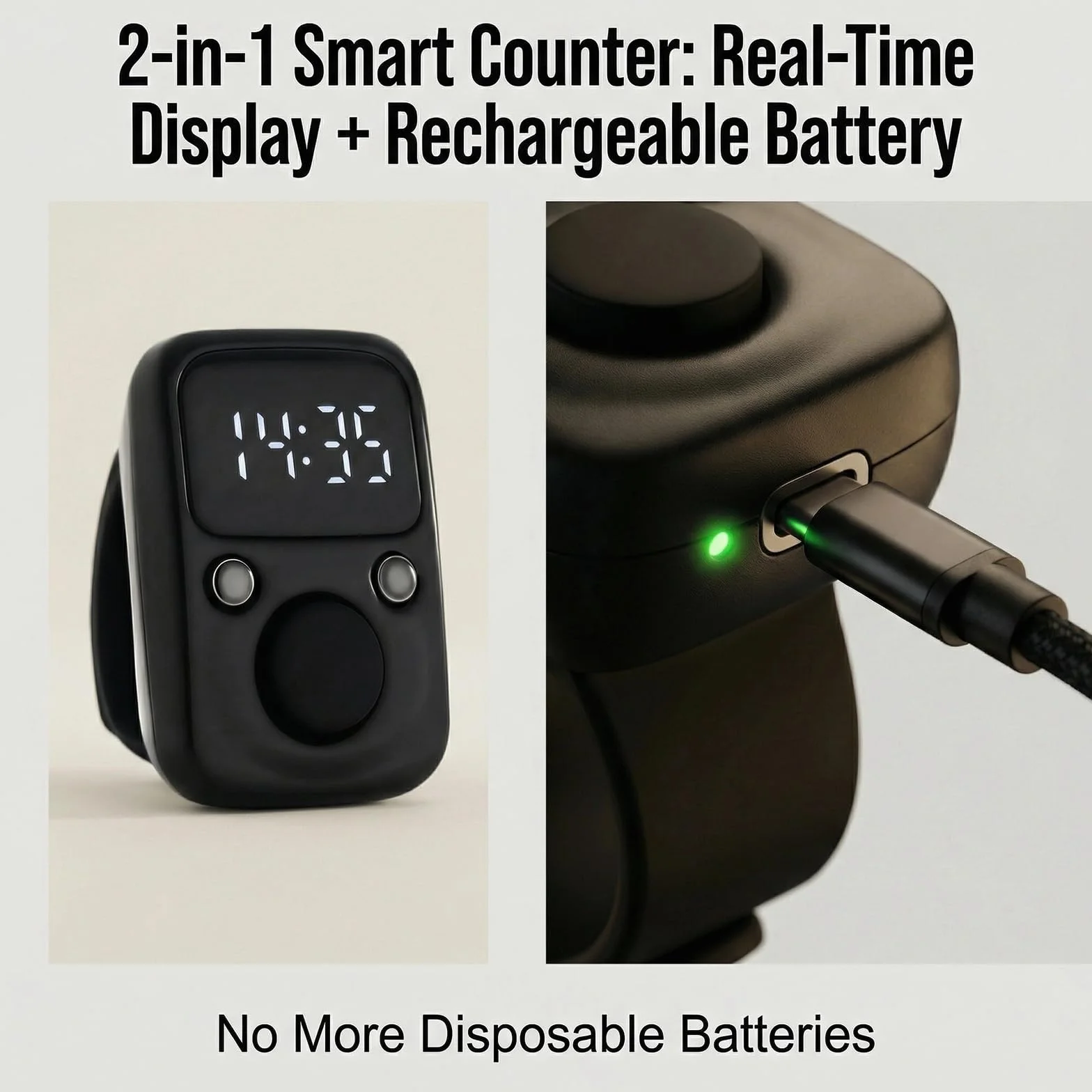 Lot de 2 Clicker Numéro Compteur Manuel Numérique avec Affichage de l'Heure et Réinitialisable, Compteur de Rangs Portable USB Charge Noir