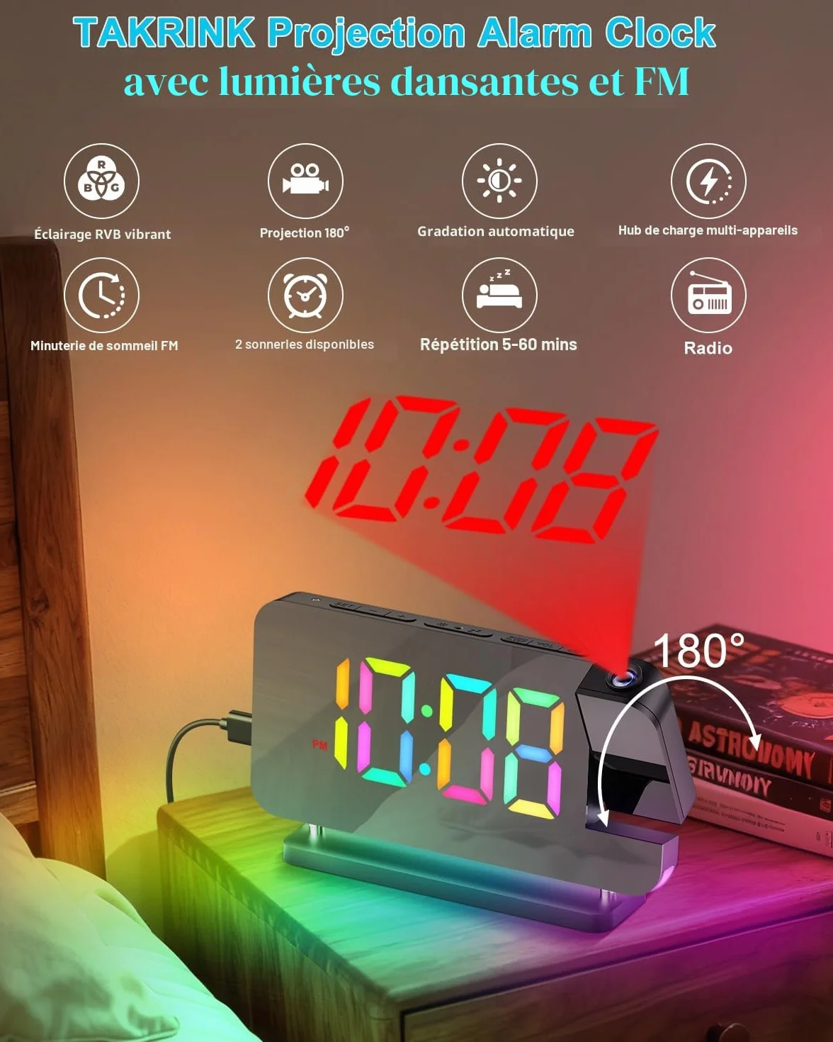 TAKRINK Reveil Projecteur Plafond RGB avec Radio 180° Chargeur USB 2 Modes d'Alarme Affichage LED
