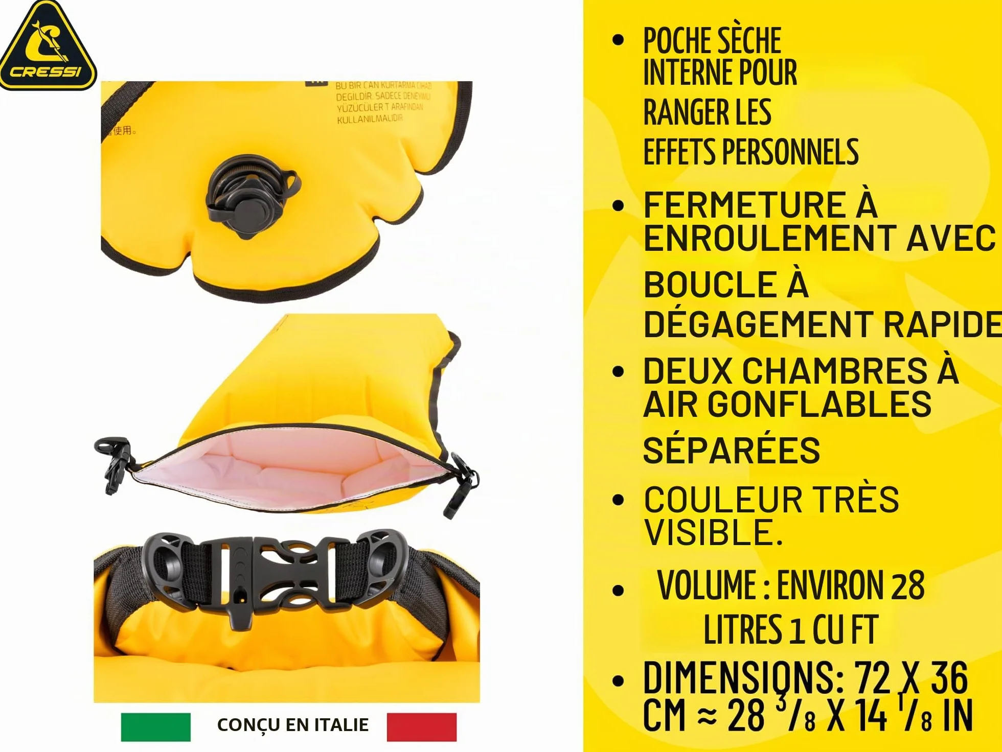 Cressi Glide Pro Swim Buoy 28L Yellow - Bouée Jaune de Signalisation, Gonflable, Haute Visibilité et Pratique, pour Les Nageurs, Plongeurs et Triathlètes Lors d'Activités en Mer ou en Eaux Libres