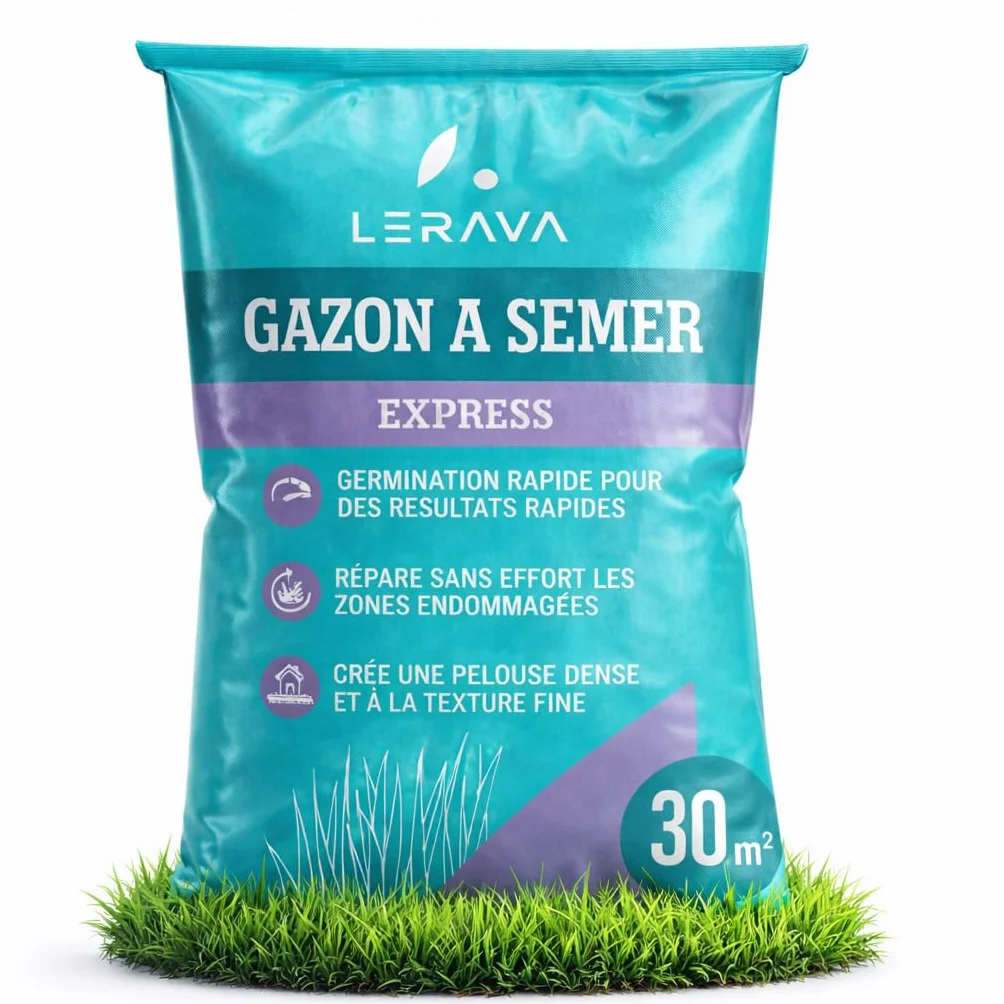 LERAVA Gazon à Semer EXPRESS 30m² Graines de Gazon Regarnissage Rapide Rustique Semence Gazon Ray Grass Résistante Pelouse Dense Jardin Sport Jeux