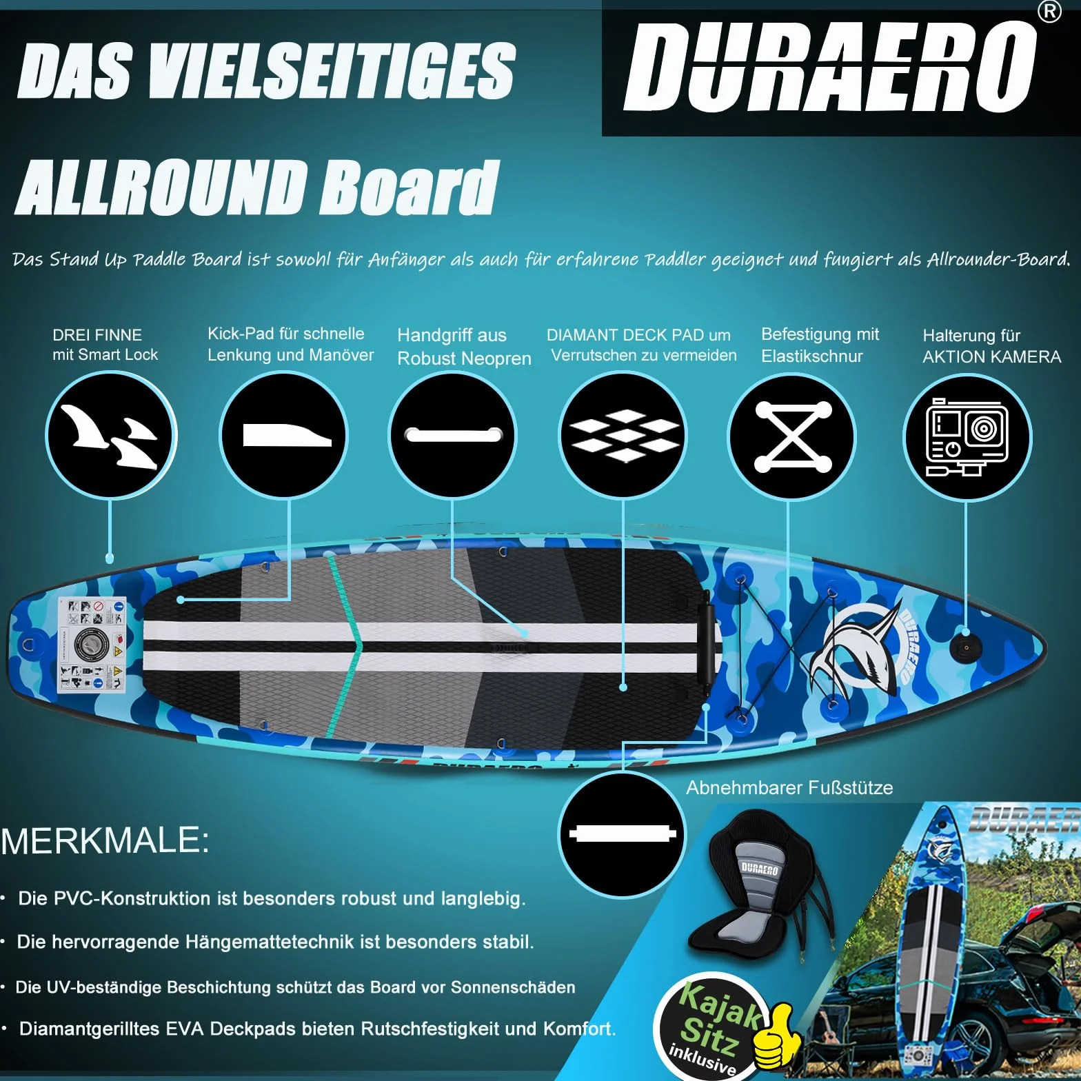 Planche de Stand up Paddle Gonflable, 330 x 76 x 15 cm, siège de Kayak, capacité de Charge jusqu'à 150 kg, Support pour caméra, Kick-Pad intégré, 3 ailerons, pagaie Double réglable, Camouflage Blue