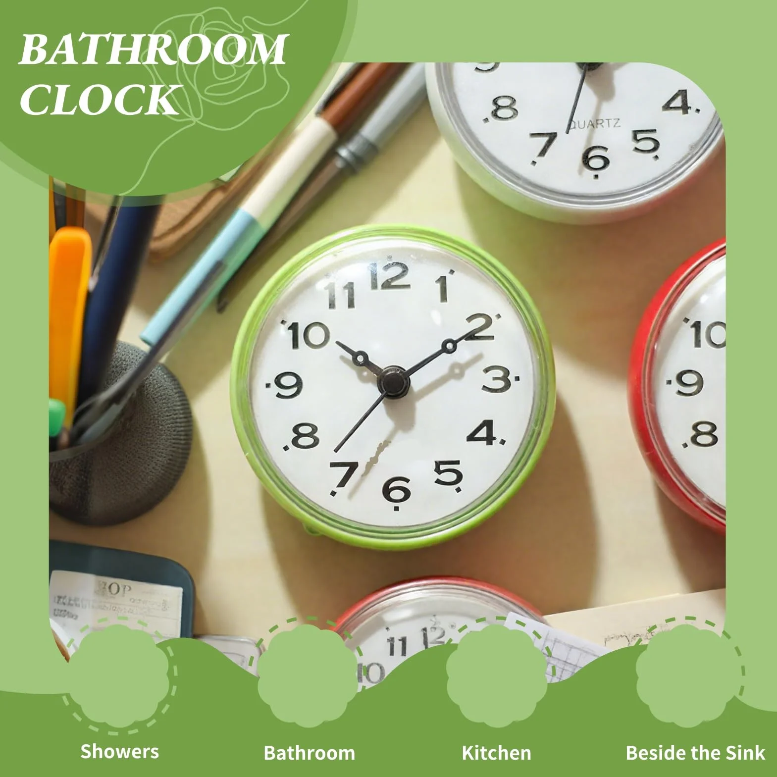 Cyrank Horloge Murale étanche Ventouse Salle de Bain Cuisine (Vert)