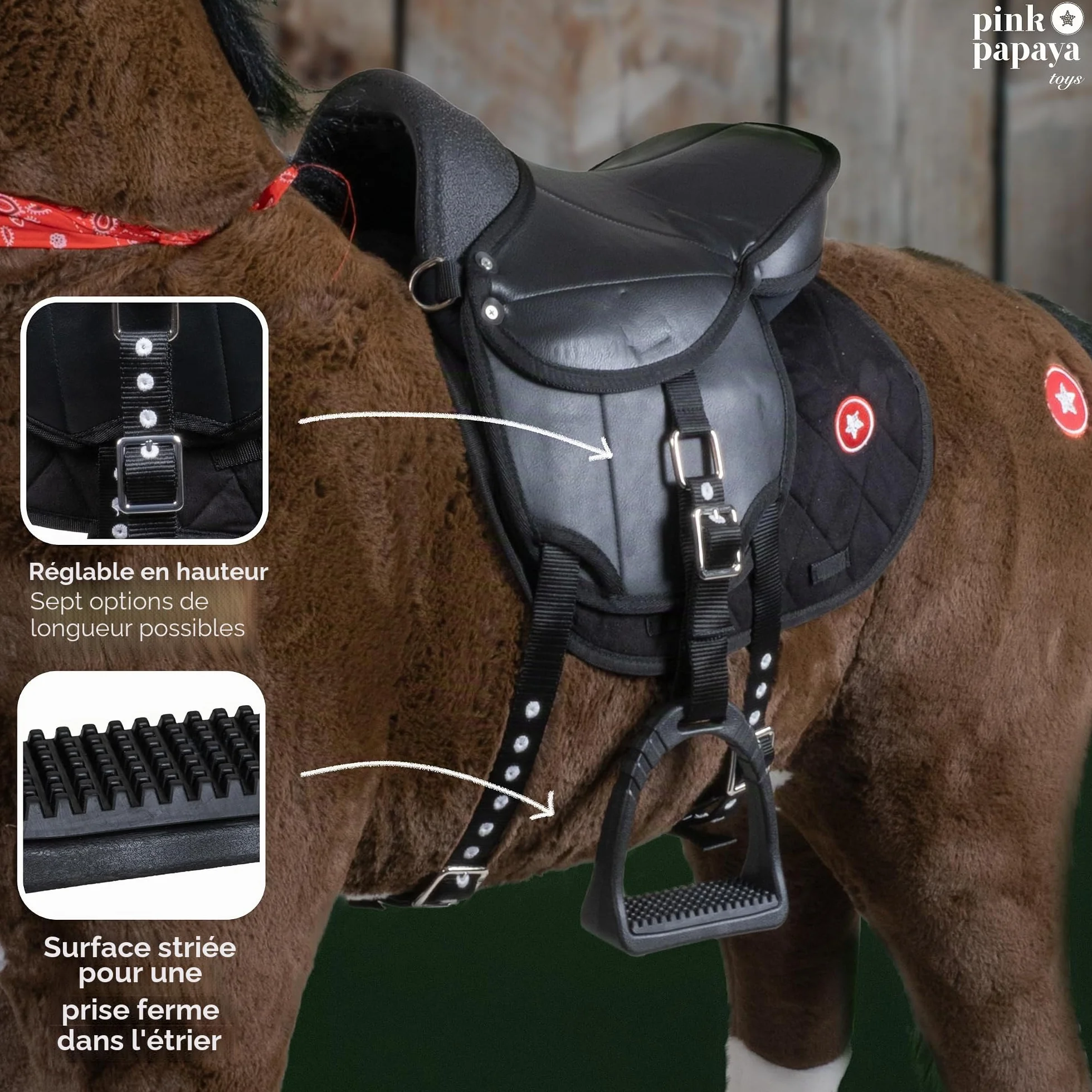 Pink Papaya Shetty Selle pour enfants avec étriers pour chevaux en bois et chevaux de jeu