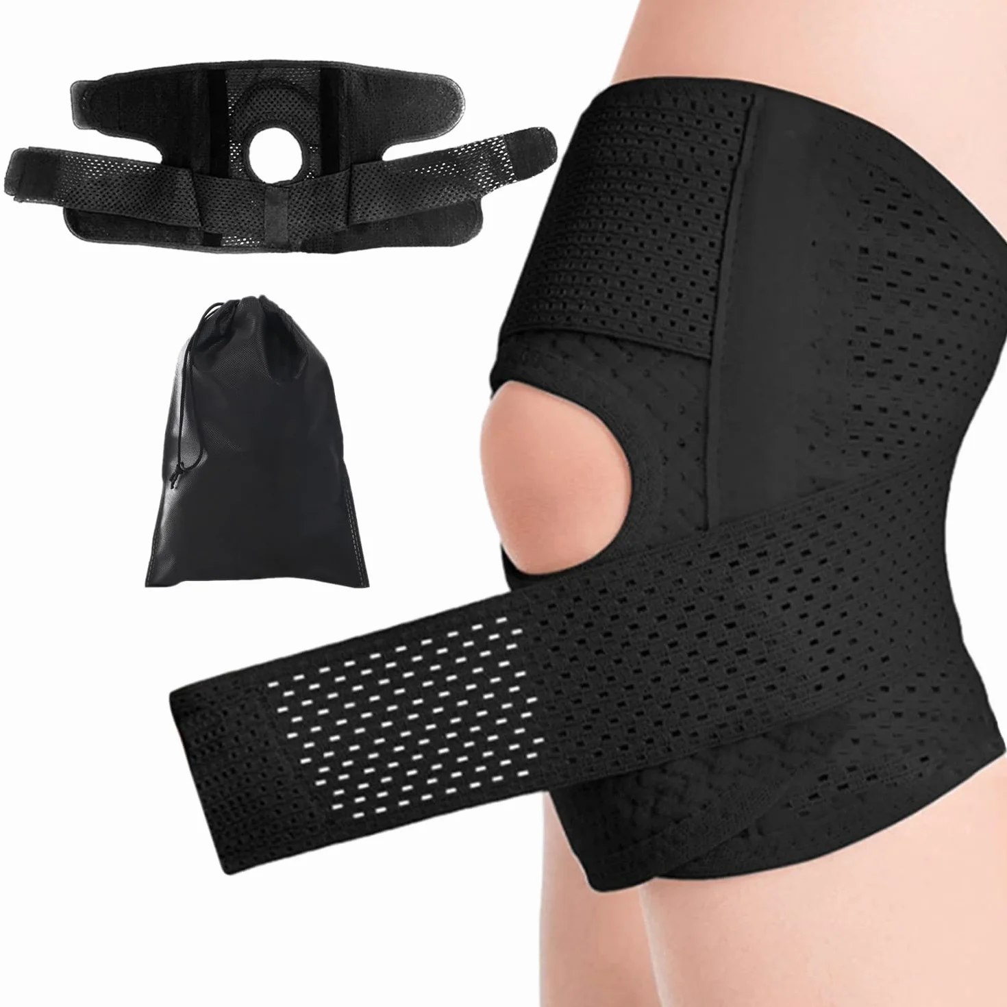 MEMOFYND 1 genouillère réglable avec 1 sac de rangement, genouillères élastiques souples, genouillères de sport réglables, genouillères orthopédiques, convient pour le sport, le fitness (noir)