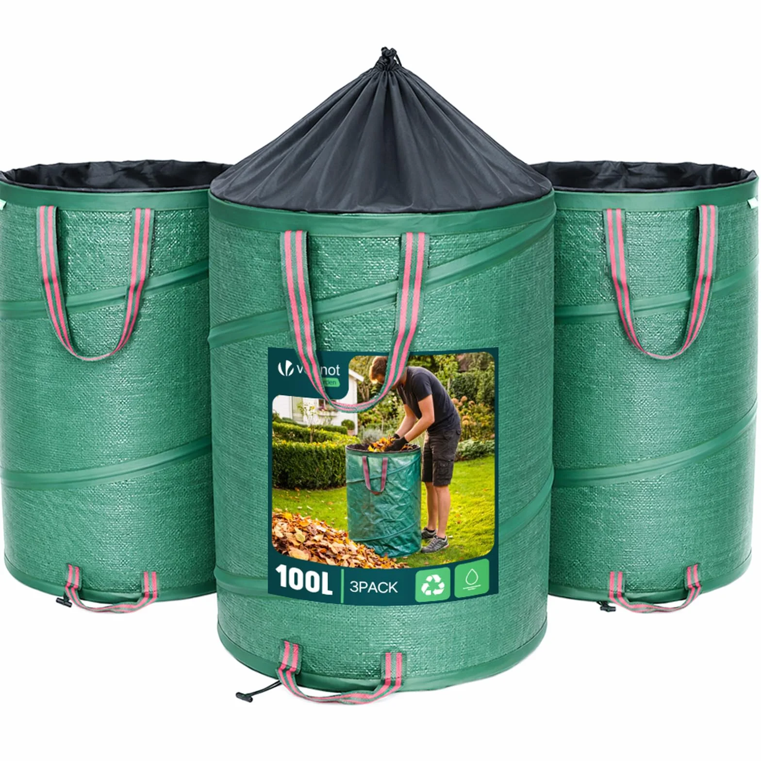 VOUNOT Lot de 3 Sac de Jardin Pop up 100L Polyéthylène Poignées Seau Réutilisable Feuille Sacs déchets Ultra Résistants Pliable Poubelle Vert