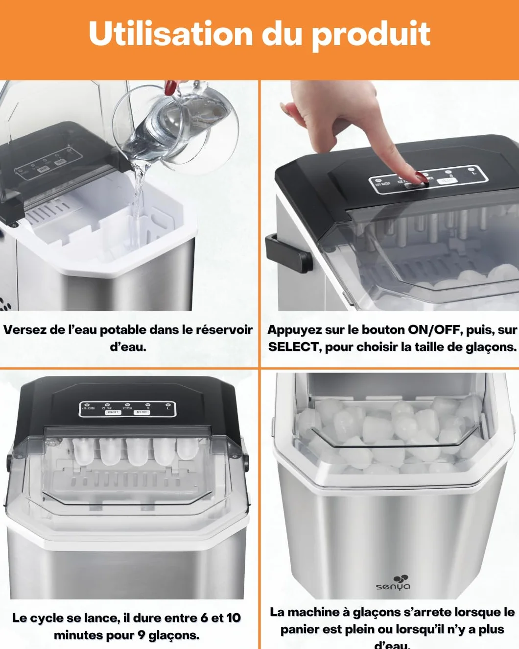 SENYA ICE COOL Machine à Glaçons Rapide 12kg/24h – 9 Glaçons en 6 à 13 min – 2 Tailles – Réservoir 1,3L – Auto-Nettoyante – Compacte et Portable