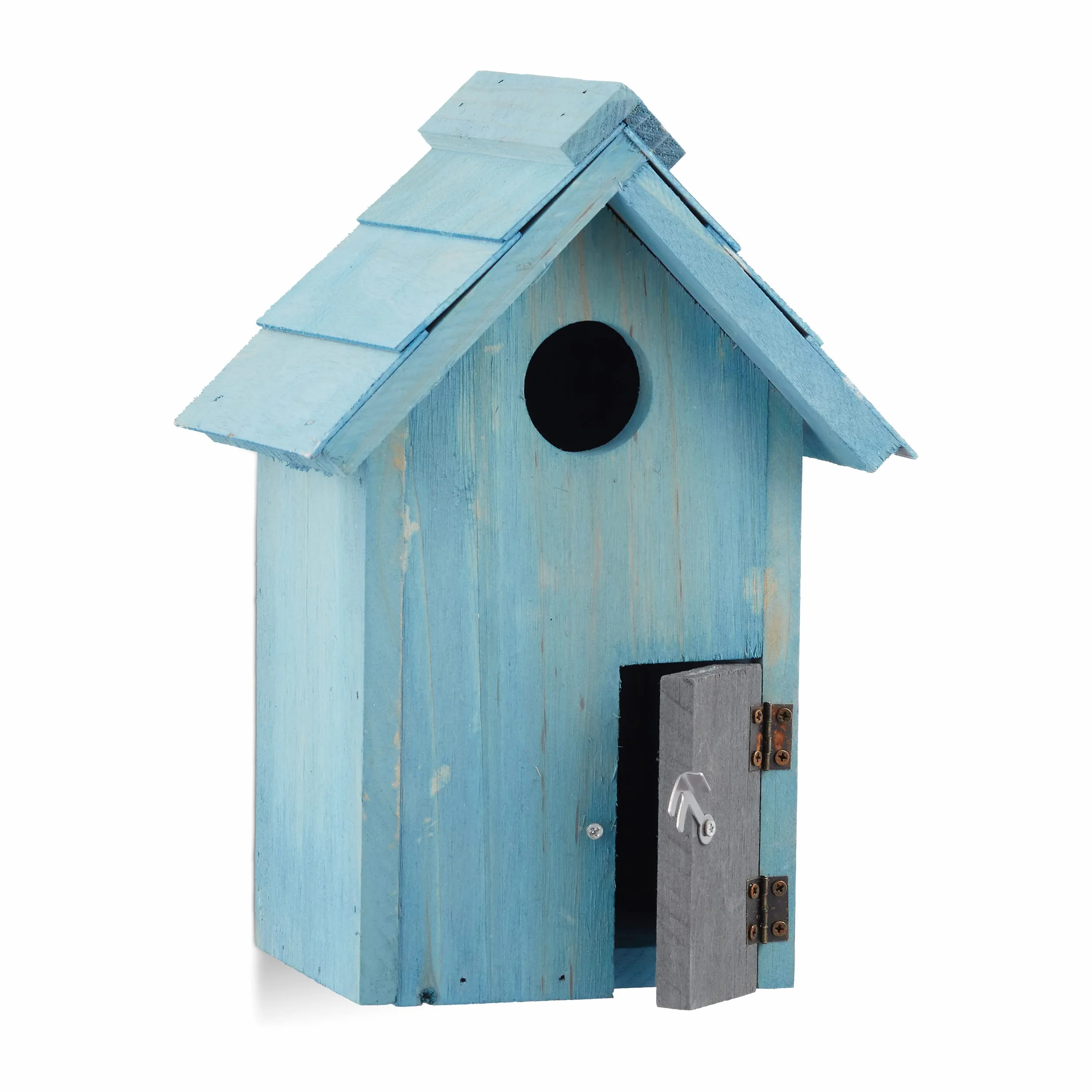 Relaxdays Nichoir à oiseaux en bois forme de petite maison bleu clair 24,3 x 17 x 12 cm