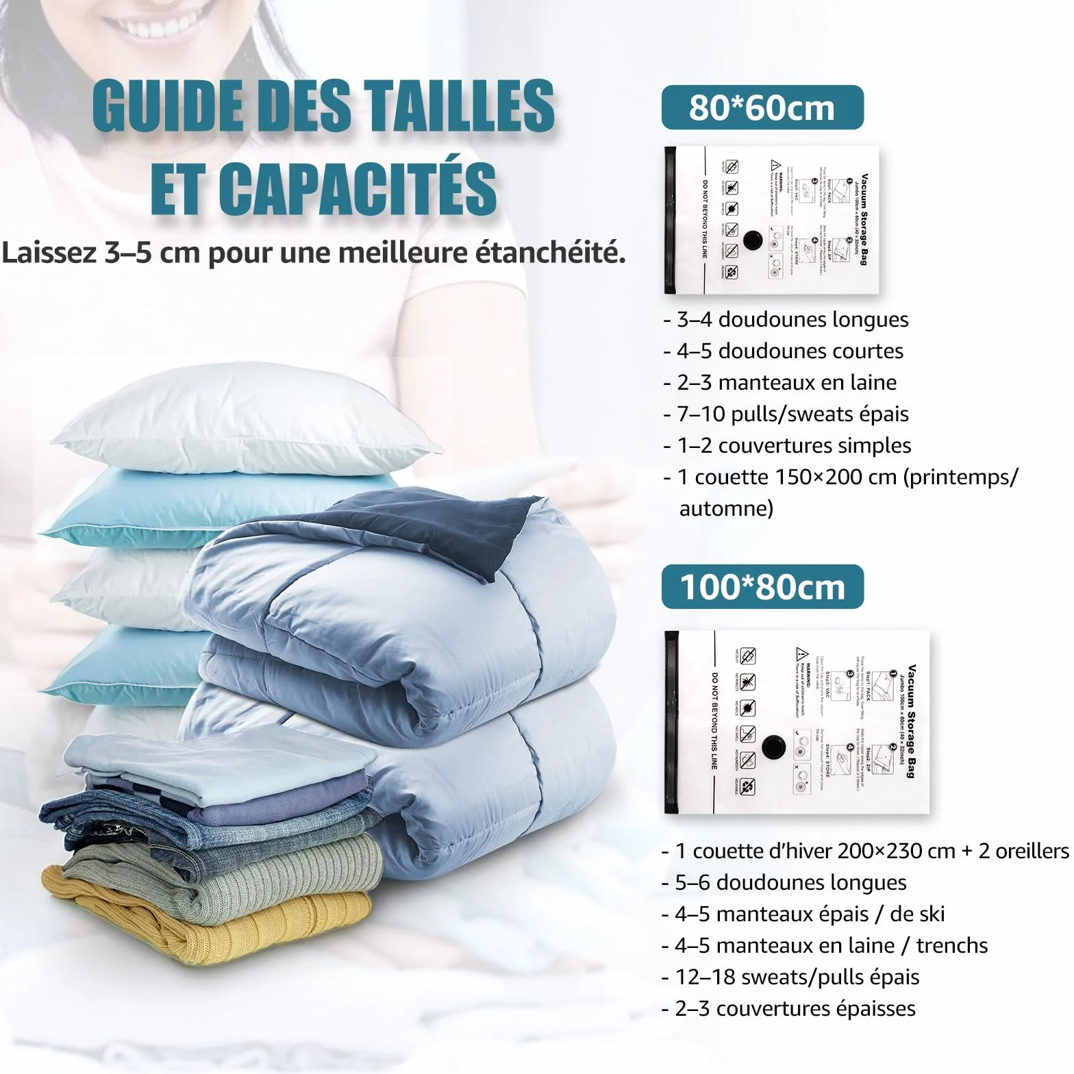 Sac Sous Vide Vetement Aspirateur 5 Pièces 3XL 100X80cm Housse de Rangement Réutilisable