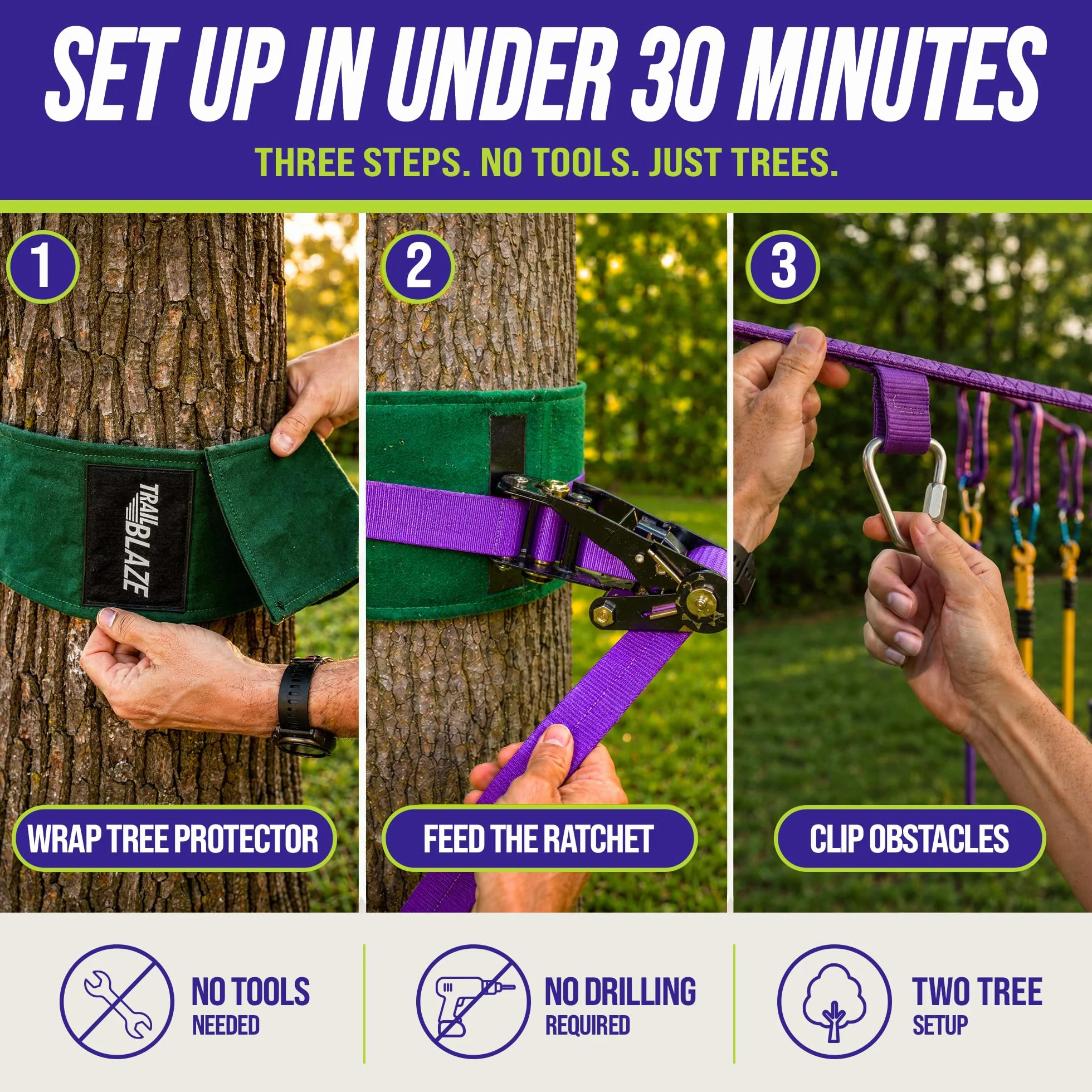 Trailblaze Ninja Warrior Slackline Kit Parcours d'obstacles pour Enfants | Slacklines avec Cliquet,balangoire, Anneaux, Échelle De Corde | Équipement De Jeu Extérieur pour Filles Et Garçons