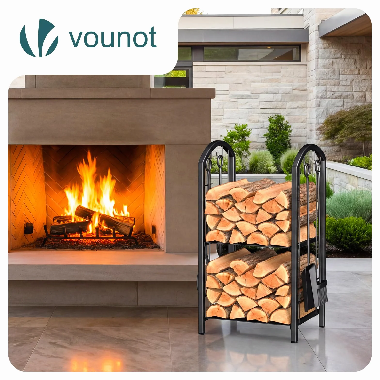 VOUNOT Porte Bûches de Cheminée avec 4 Outils et 2 Étagères en Métal Grande Capacité 75x38x38cm Noir