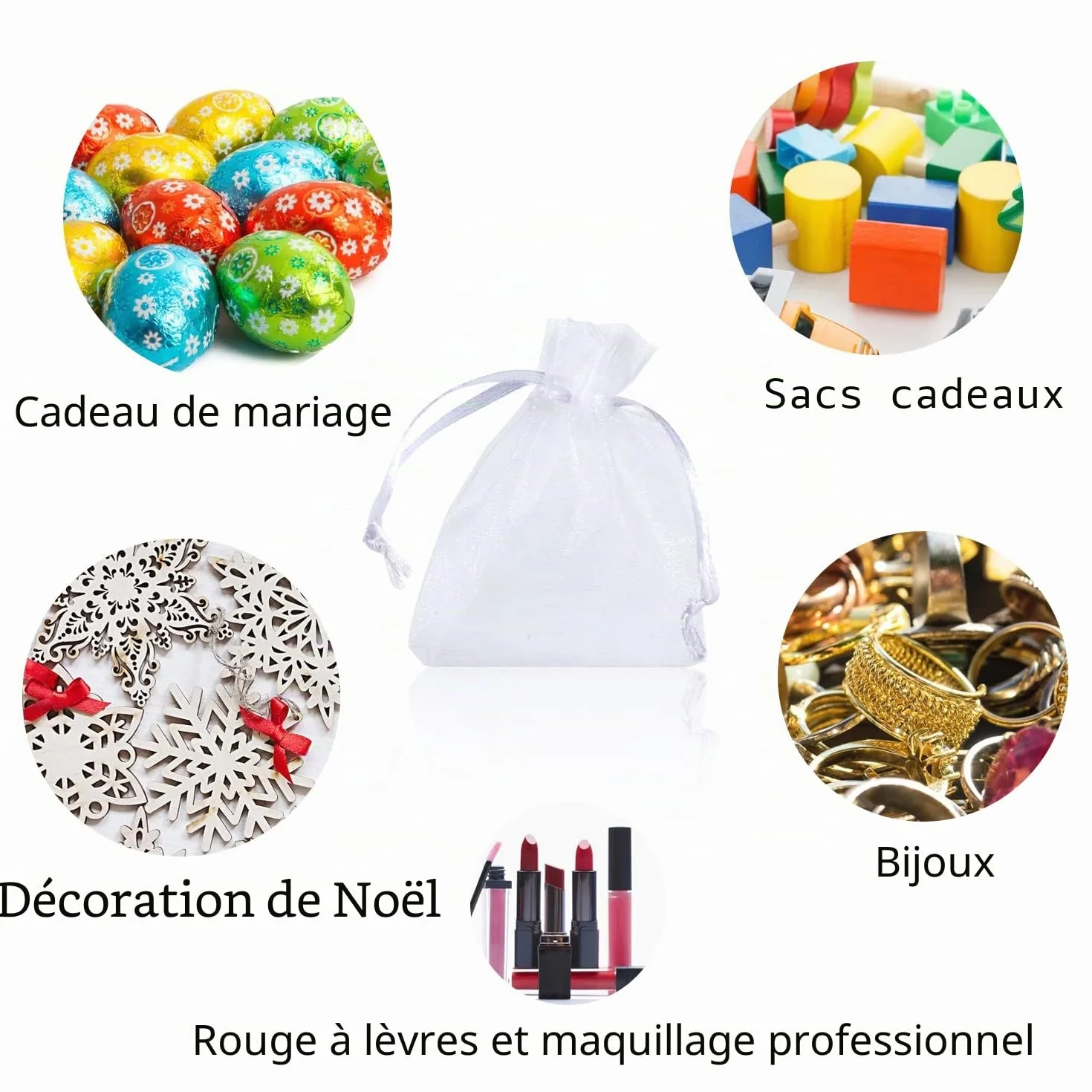 Sachets Organza Blanc 7 x 9 cm Lot de 50 - Pochette Bijoux Mariage