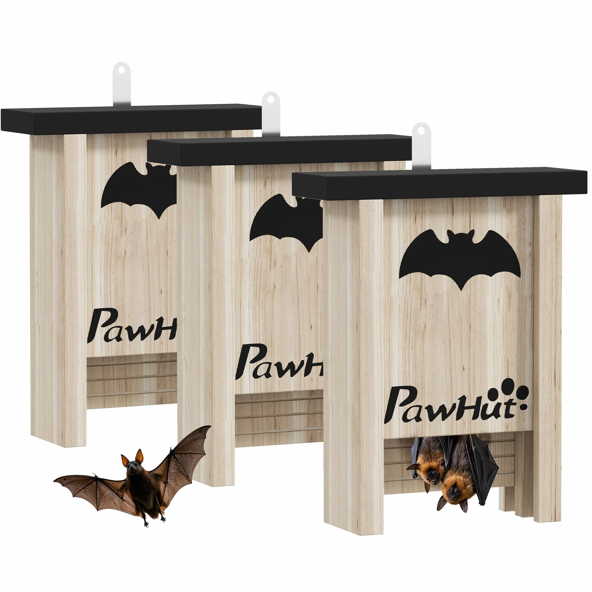 PawHut Nichoir Chauve-Souris Ensemble de Trois Boîtes avec Crochet Bois Massif 18 x 6 x 22,5 cm