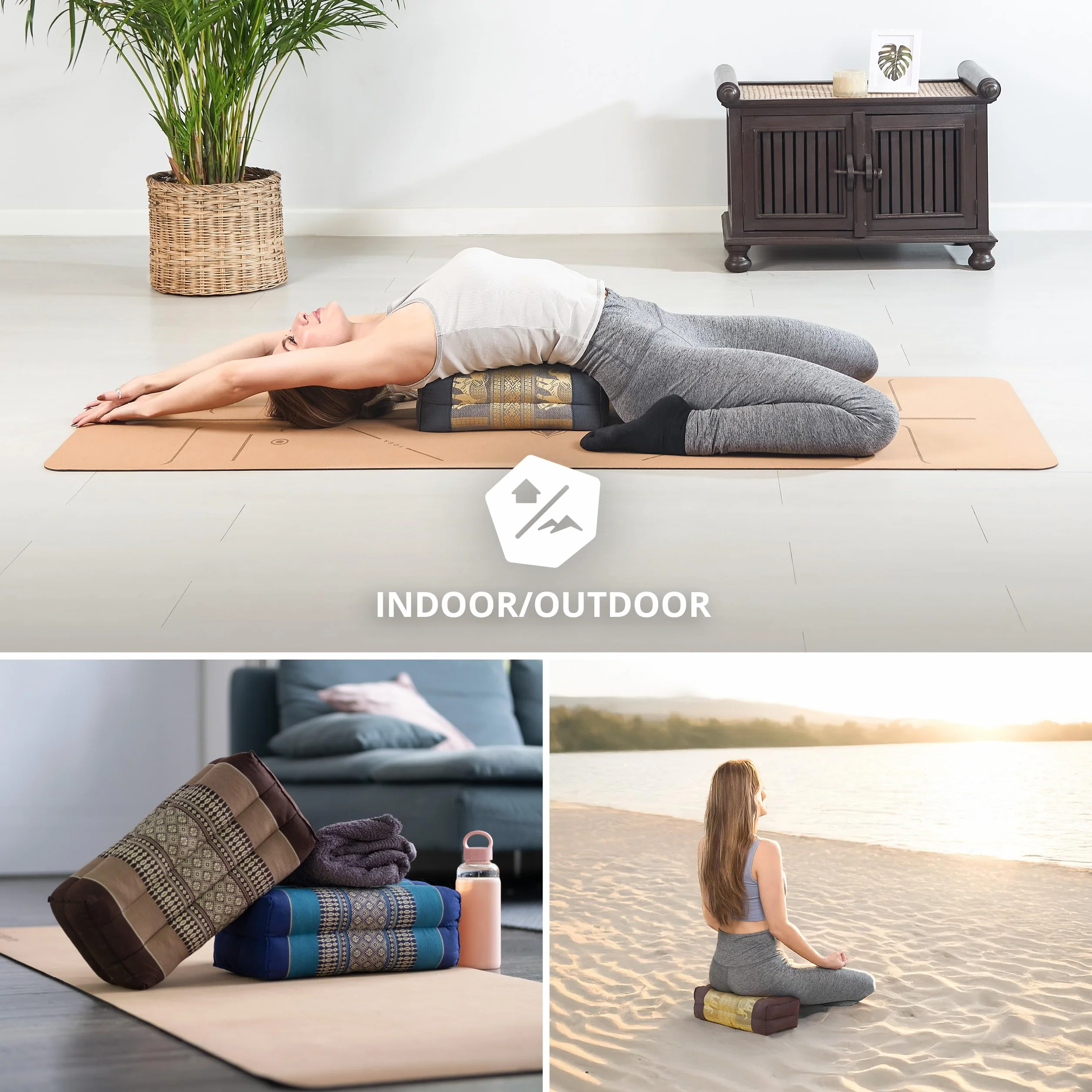 Livasia Coussin Yoga carré Bloc Soie thaï - 17x34x12cm - Coussin de méditation kapok, Coussin de Soutien rectangulaire, Accessoire Yoga Pilates Coussin cale-Nuque, Fait Main (Gris/Éléphants Soie)