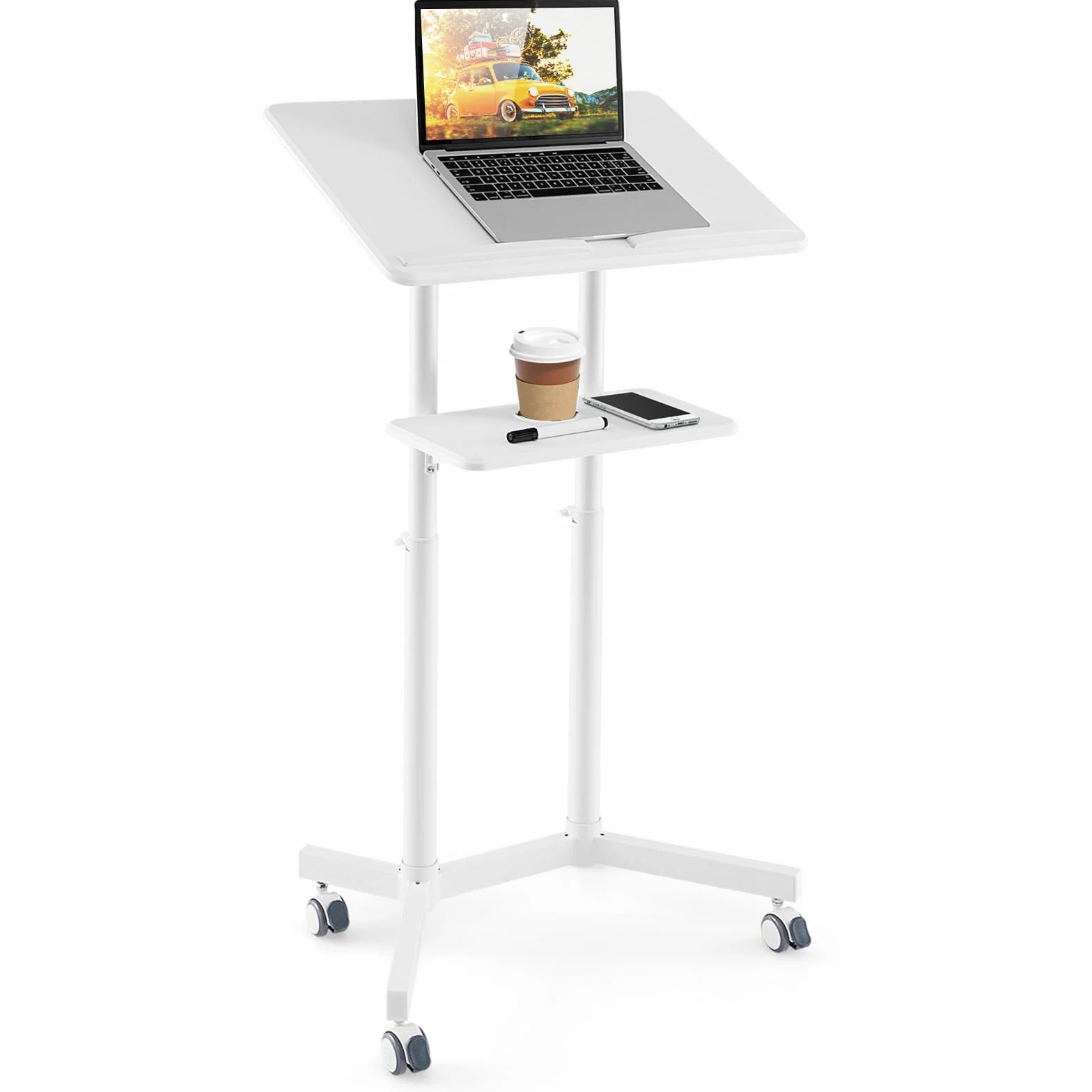 GYMAX Pupitre Mobile avec Roulettes Verrouillables, Hauteur Réglable 104-128cm, Plateau Inclinable Bureau Assis-Debout (Blanc)