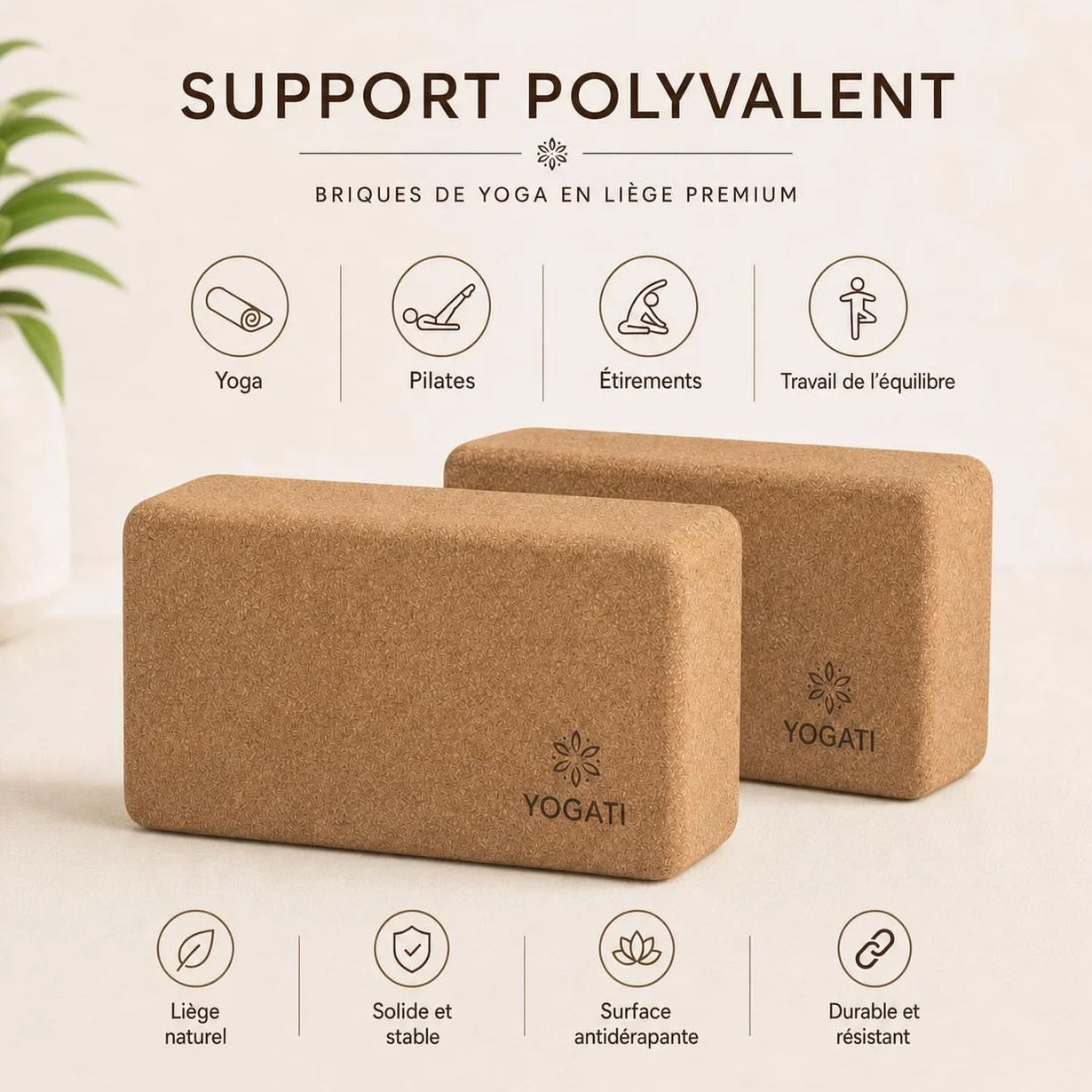 YOGATI® Brique de Yoga en Liège lot de 2 | Blocs de Yoga Durable en Liège Naturel | Bloc Yoga 22x12x7.5 cm | Yoga Block Écologique | Idéal pour Pilates et étirements