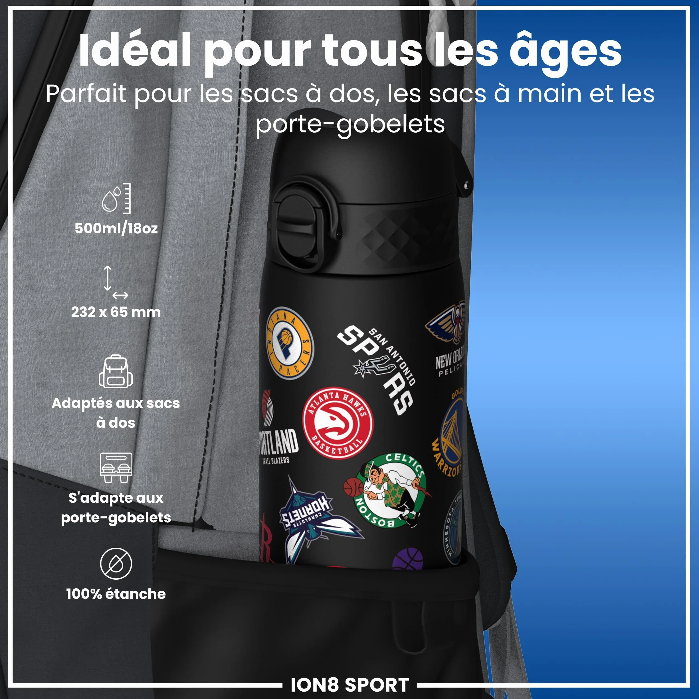 Ion8 NBA Équipes Multiples Gourde, 500ml, Anti-Fuite, Facile à Ouvrir, Verrouillage Sécurisé, Lavable en Lave-vaisselle, Sans BPA, Poignée de Transport, S'adapte aux Porte-gobelets, Facile à Nettoyer