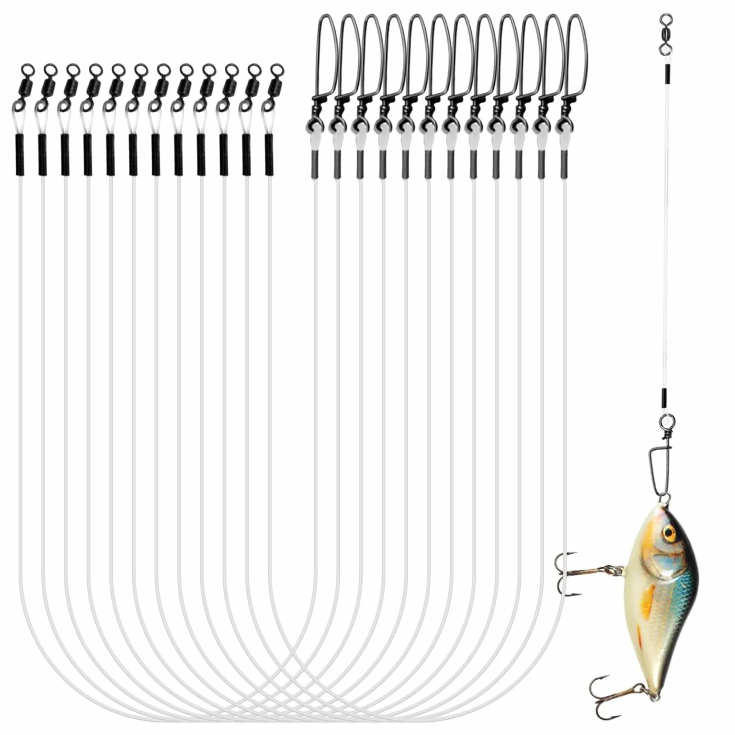 12 Pièce Bas de Ligne Fluorocarbone Bas de Ligne Carnassier avec Émerillon et Mousquetons Préinstallés Ils Permettent de Connecter Lignes Principale Leurres ou Hamecon Carpe en Eau Douce comme en Mer