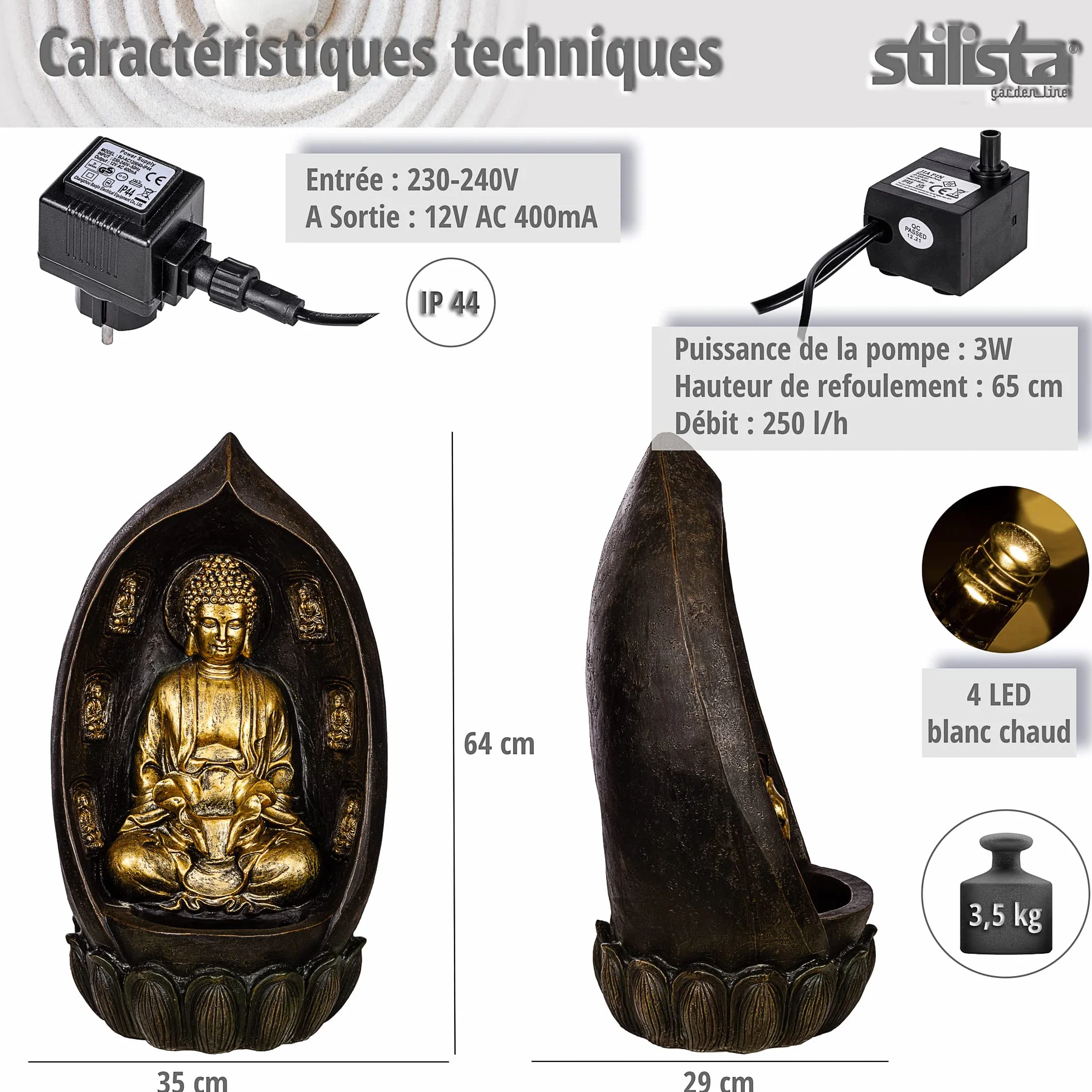 STILISTA Fontaine de Jardin Bouddha 64 x 35 x 29 cm avec Éclairage LED Pompe Incluse